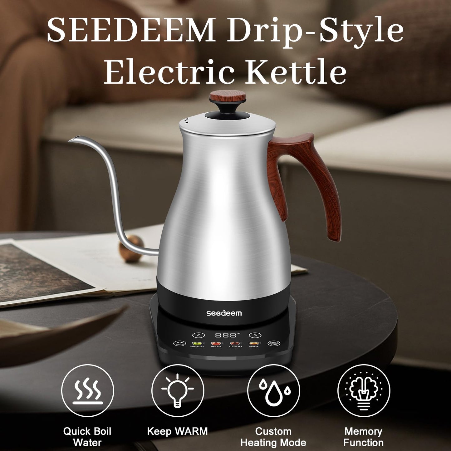 SEEDEEM Gooseneck Electric Kettle Full Touch Screen 1200W Electric Tea & Coffee Kettle with Four Heating Modes Rapid Heating,±1℉ Temperature Control,Keep Warm Mode,3.88oz Electric kettle