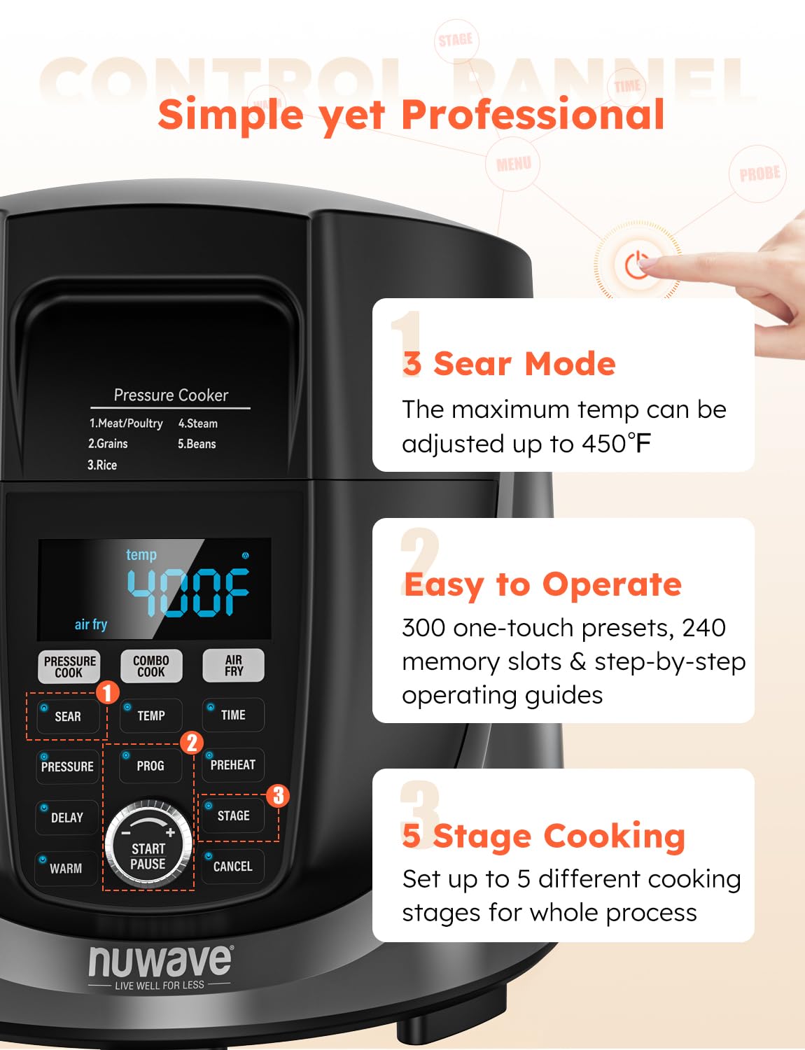 Nuwave Duet - Freidora de aire y olla a presión eléctrica con 2 tapas intercambiables, 300 ajustes preestablecidos de un solo toque, tecnología Crisp&Tender, olla de acero inoxidable resistente de 6 cuartos de galón, más de 15 funciones de seguridad