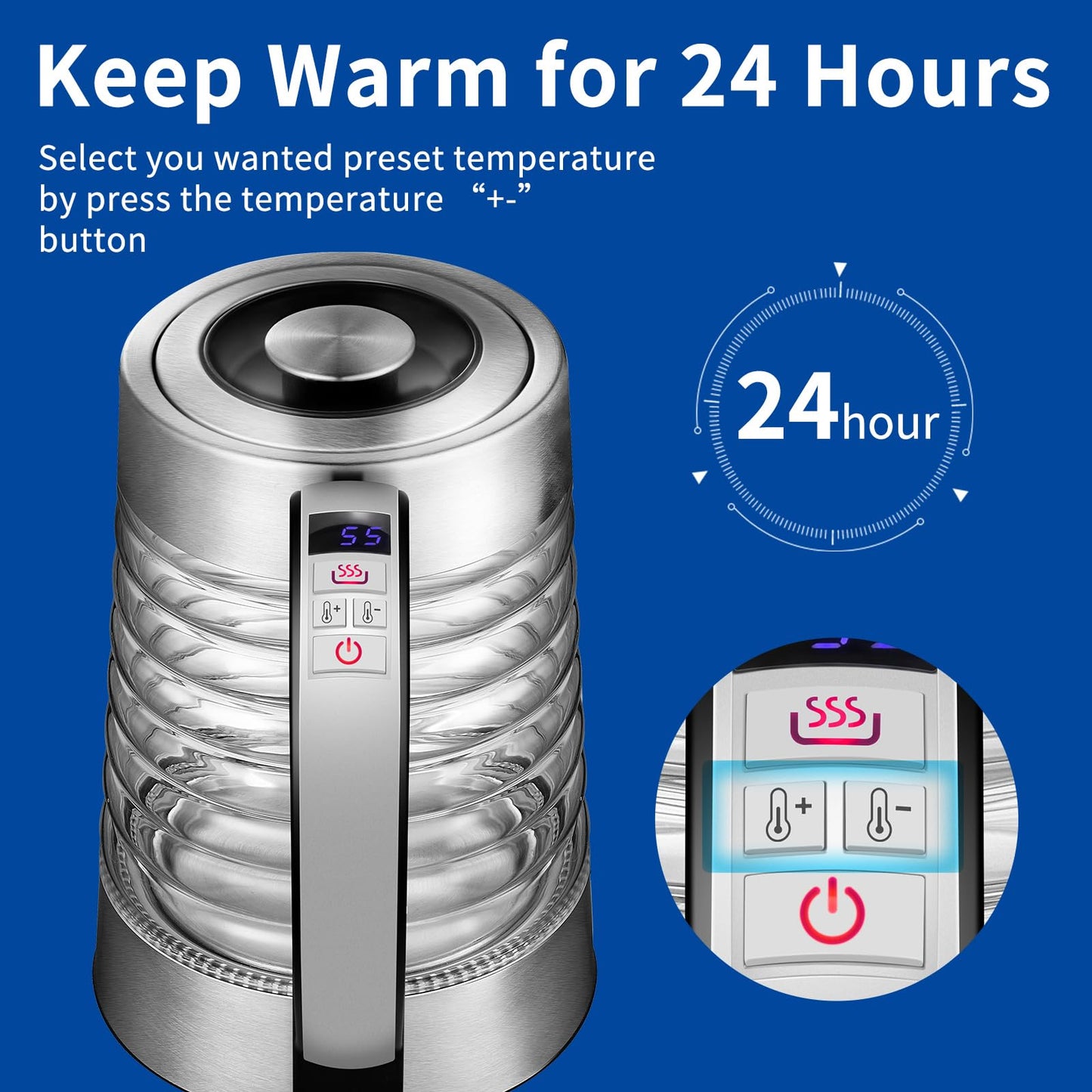 NKOVE Electric Kettle, 1.8L Temperature Control Hot Water Boiler, No Plastic Contact with Water, Automatic Shutoff, Keep Warm, Cordless with LED Light for Tea Coffee