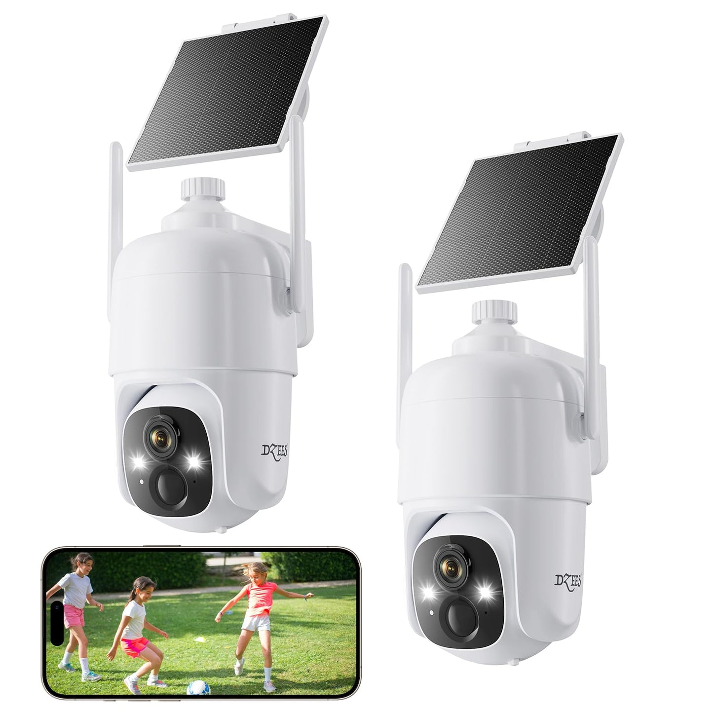 Dzees Solar Security Cameras Wireless Outdoor, 2K Battery Powered Security Camera, 360° PTZ Camera with Spotlight, Siren, Color Night Vision, AI Dectection, IP66 for Home Security, 2.4GHz 2-Pack