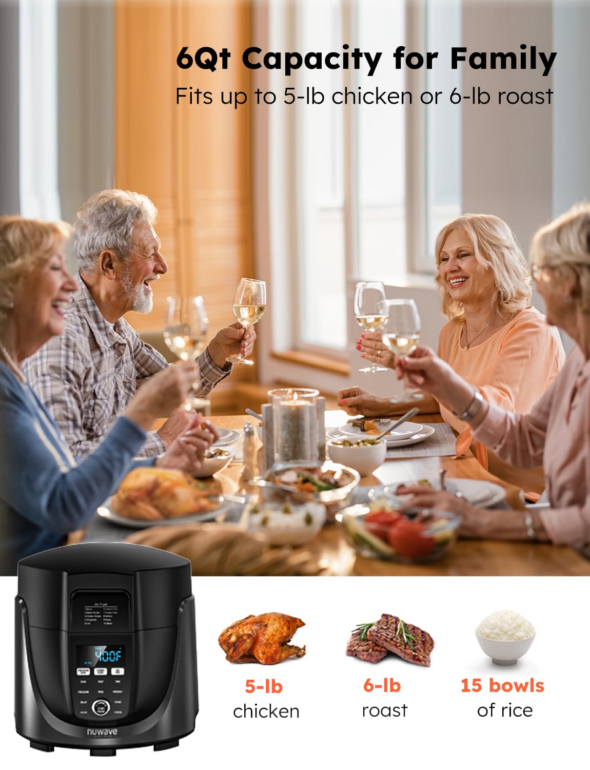 Nuwave Duet - Freidora de aire y olla a presión eléctrica con 2 tapas intercambiables, 300 ajustes preestablecidos de un solo toque, tecnología Crisp&Tender, olla de acero inoxidable resistente de 6 cuartos de galón, más de 15 funciones de seguridad