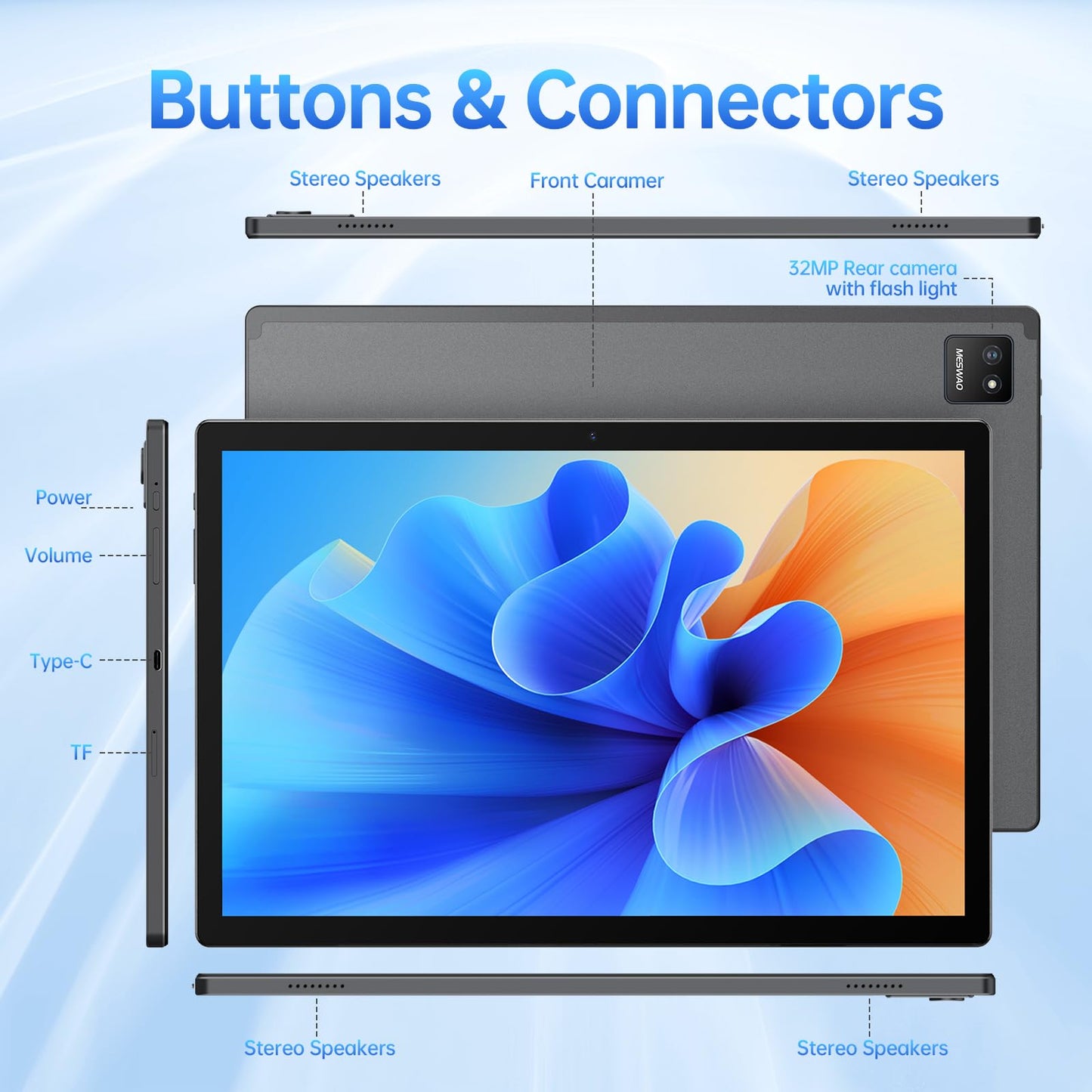 Tableta MESWAO Android 14 de 14 pulgadas, tableta grande 2025 mejorada con pantalla IPS WUXGA de 1200P, procesador de 8 núcleos, CPU G99, 6 GB + 128 GB, tarjeta TF de 1 TB como máximo, Wi-Fi 5, 5 MP + 32 MP, batería de 12000 mAh que dura todo el día.