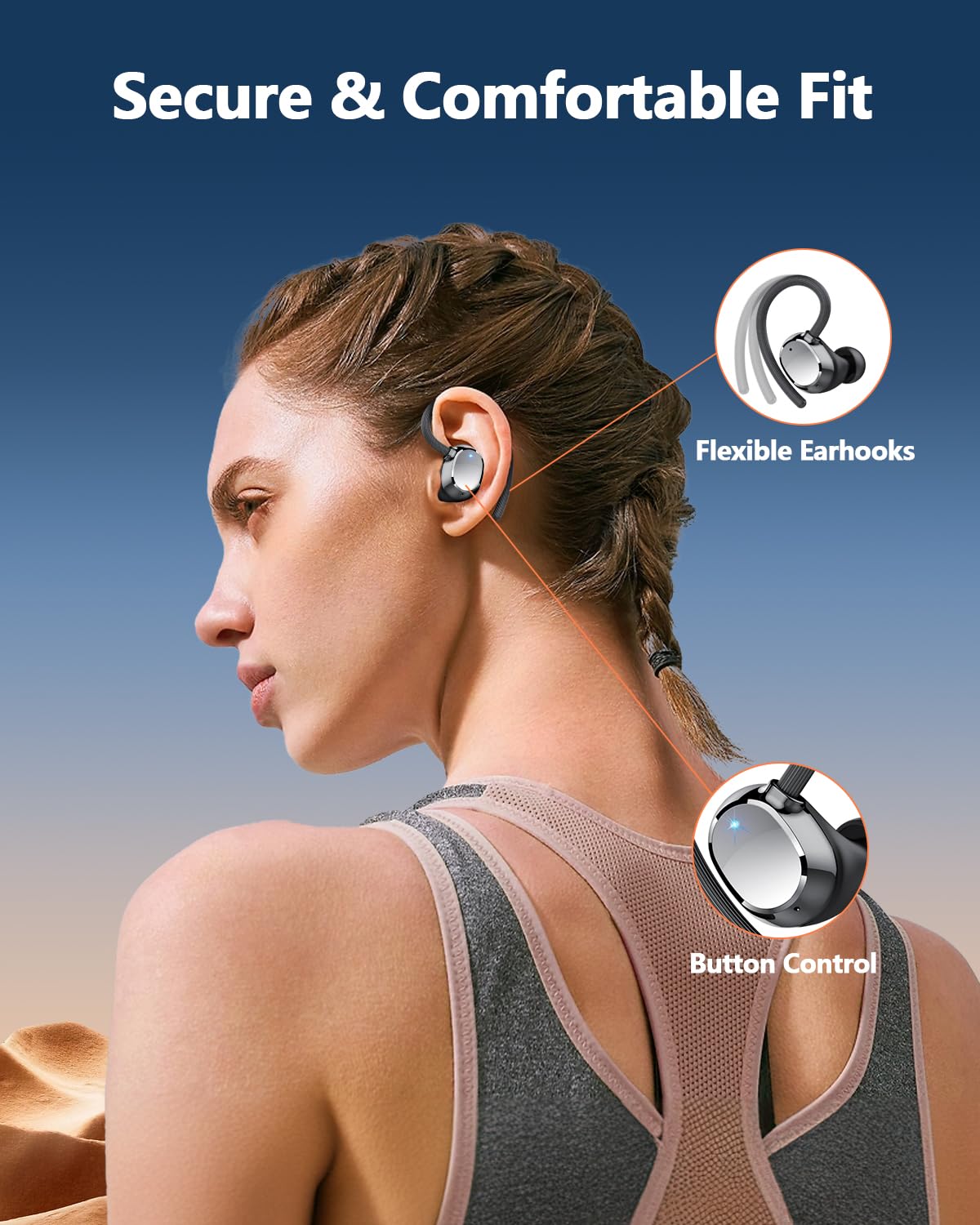 Auriculares inalámbricos deportivos con Bluetooth 5.3 y 128 horas de duración, con micrófono con cancelación de ruido ENC, estéreo de graves, resistentes al agua IP7 y con gancho para las orejas para fitness y running.