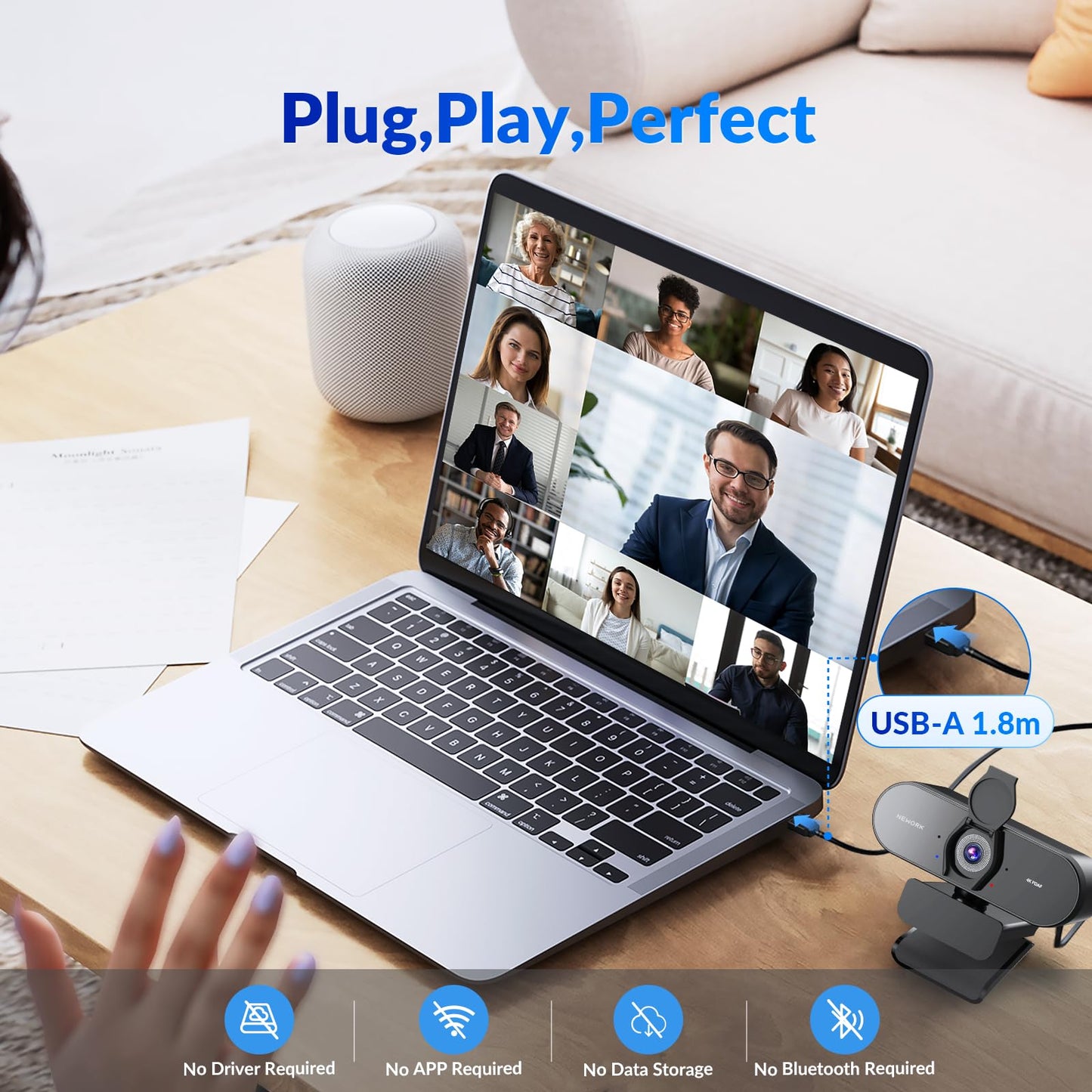 NEWORK 4k Webcam, UHD Webcam 1080P@60FPS, PDAF+CDAF Autofocus, Privacy Cover, Plug&Play, Auto Light Correction, 79°FOV, 2 Noise-Cancelling Mics, Computer Camera 4k for Streaming/Video Calling/Gaming