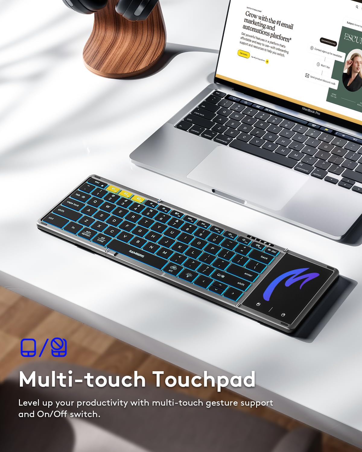Samsers Foldable Bluetooth Keyboard with Touchpad, Full-Size Wireless Folding Keyboard with Backlight, Portable Travel Keyboard for iOS Android Windows Mac OS, Support 3 Device(BT5.1 x 3), Gray