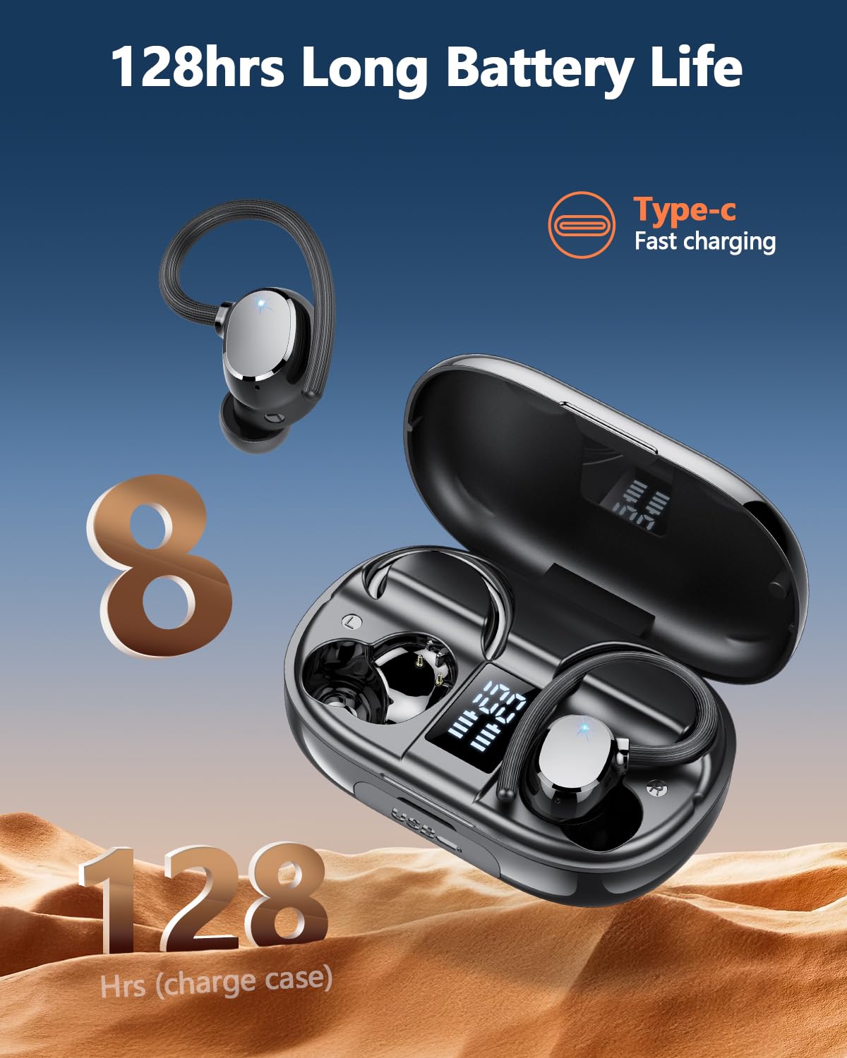 Auriculares inalámbricos deportivos con Bluetooth 5.3 y 128 horas de duración, con micrófono con cancelación de ruido ENC, estéreo de graves, resistentes al agua IP7 y con gancho para las orejas para fitness y running.