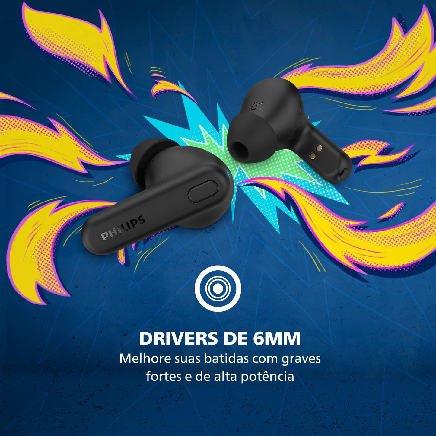 PHILIPS TAT1108 Wireless Earbuds,True Wireless Headphones,Powerful Bass with 6 mm Driver,Clear Call with AI Mic,15-Hour Battery Life,Bluetooth v5.3,IPX4 Rating,Ergonomic Design for Comfort,Black
