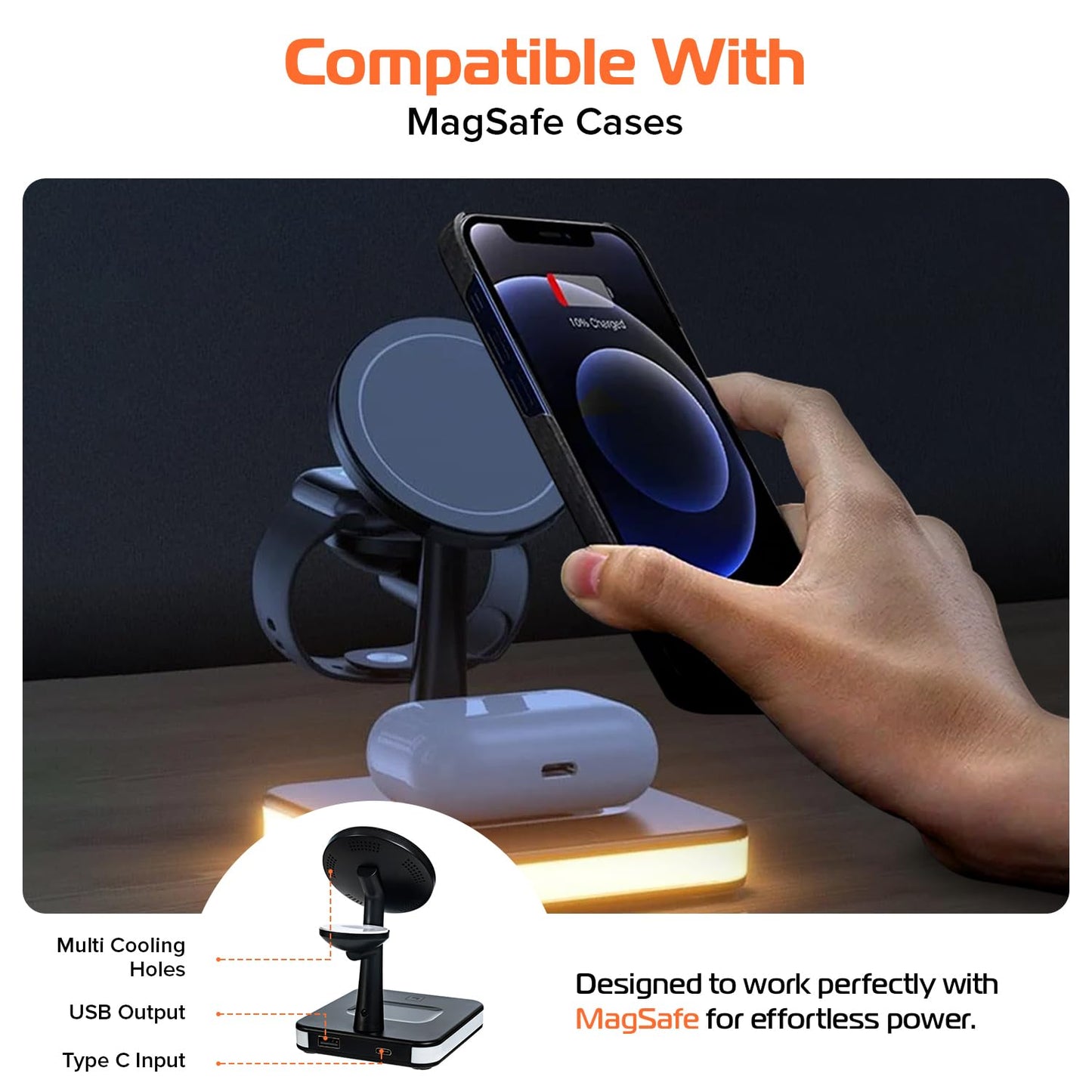 Spracht Flex Charge 4, 4-in-1 Wireless Charging Stand | 25W Fast Charger, Magnetic Connection -Works for Smartphone, Watch, Ear Buds, Qi-Enabled Devices | Nightlight, Magnetic Charging Stand (Black)
