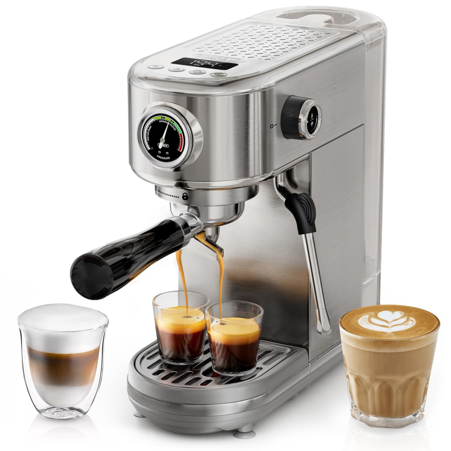 HIBREW H10B - 51mm Espresso Machine - Temperature & Cup Volume Adjustable at will - With Intelligent Display Screen & Pressure Gauge - Stainless Steel Body