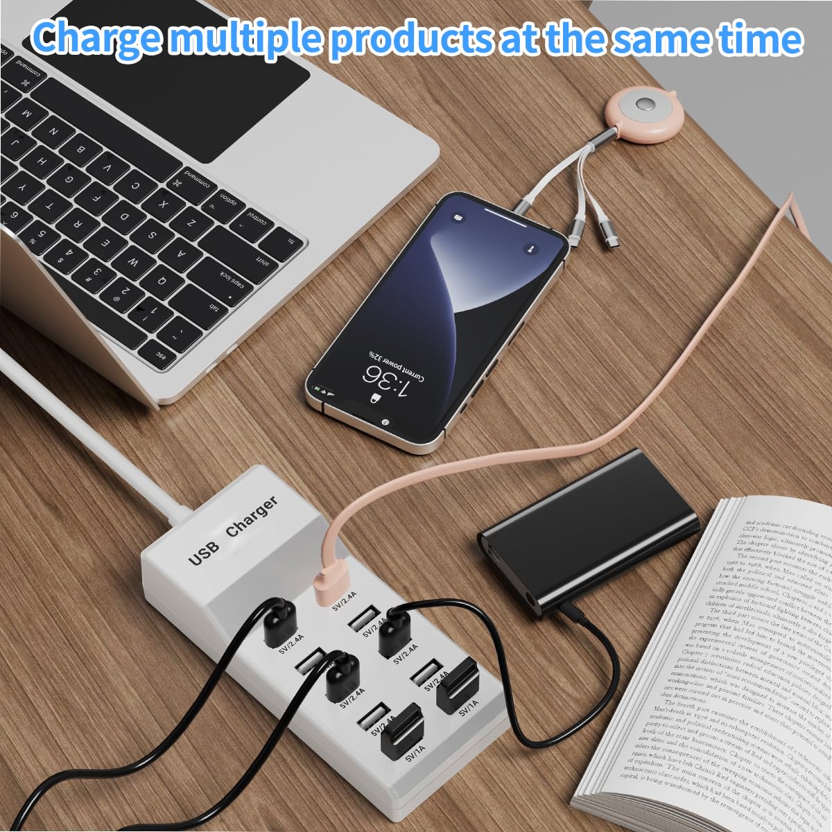 Estación de carga WUCOHATI: concentrador de carga USB de 10 puertos, cargador multipuerto inteligente, cable de extensión de 70,8 pulgadas, compatible con diversos dispositivos, como teléfonos, cámaras, auriculares Bluetooth, tabletas, etc. (1 unidad)