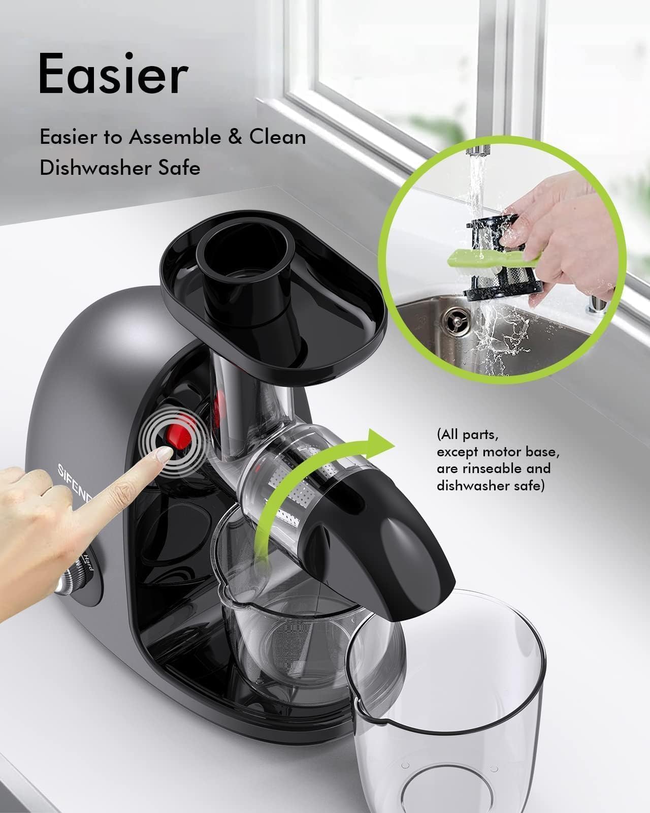 Cold Press Juicer, SiFENE Slow Masticating Juicer Machines for Fruit Vegetable, Juice Yield Maker Extractor with Quiet Motor Anti-Clog System, Easy to Clean, Gray