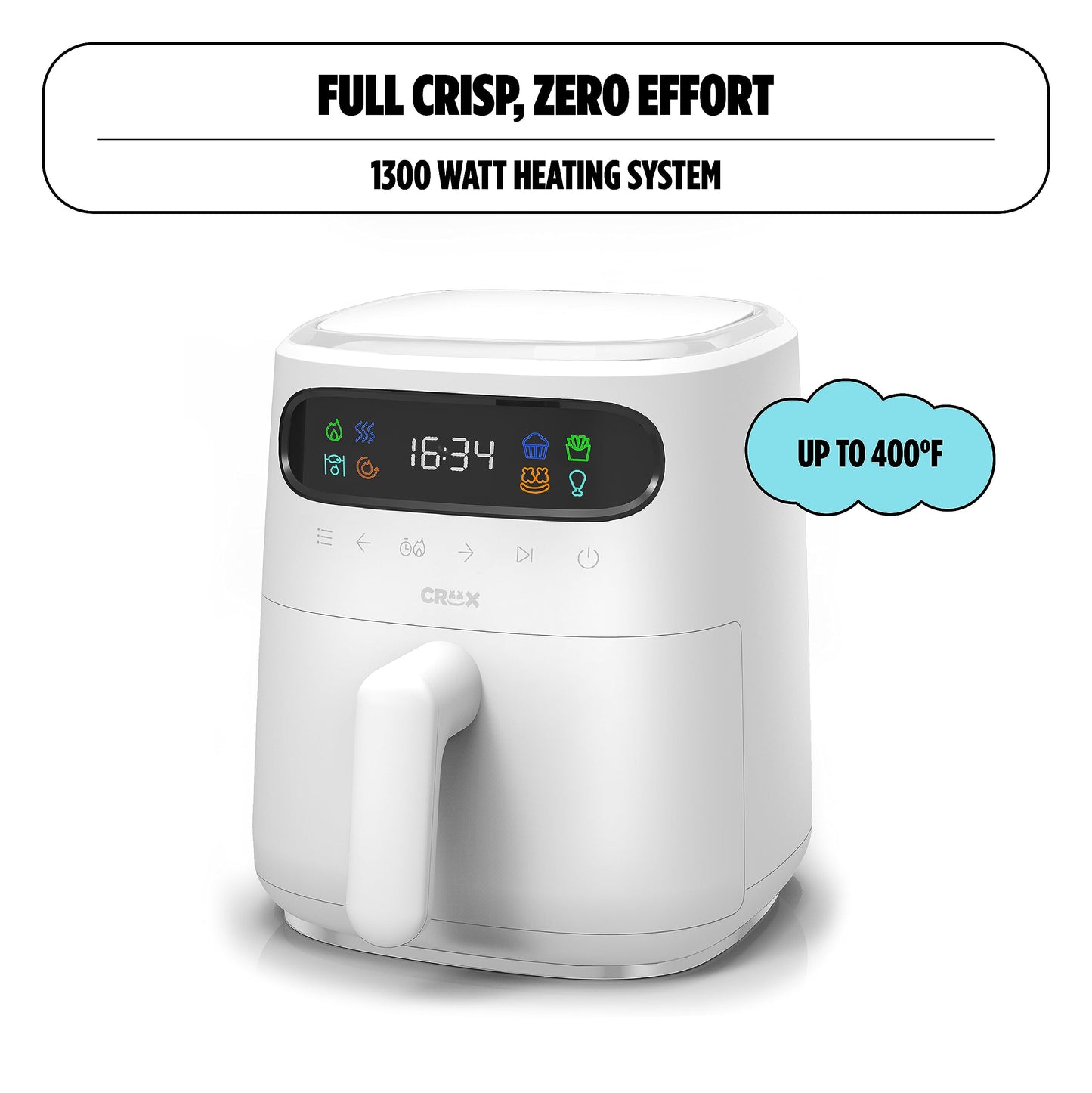 CRUX x Marshmello 3.0 QT Digital Air Fryer with TurboCrisp Technology, Touch Screen Temperature Control, Timer and Auto Shut-off, Fully Programmable, Silicone Cupcake Molds Included, White