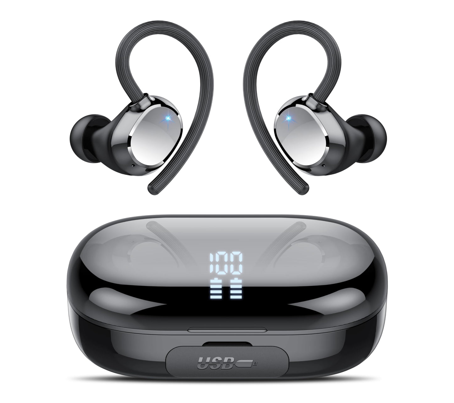 Auriculares inalámbricos deportivos con Bluetooth 5.3 y 128 horas de duración, con micrófono con cancelación de ruido ENC, estéreo de graves, resistentes al agua IP7 y con gancho para las orejas para fitness y running.