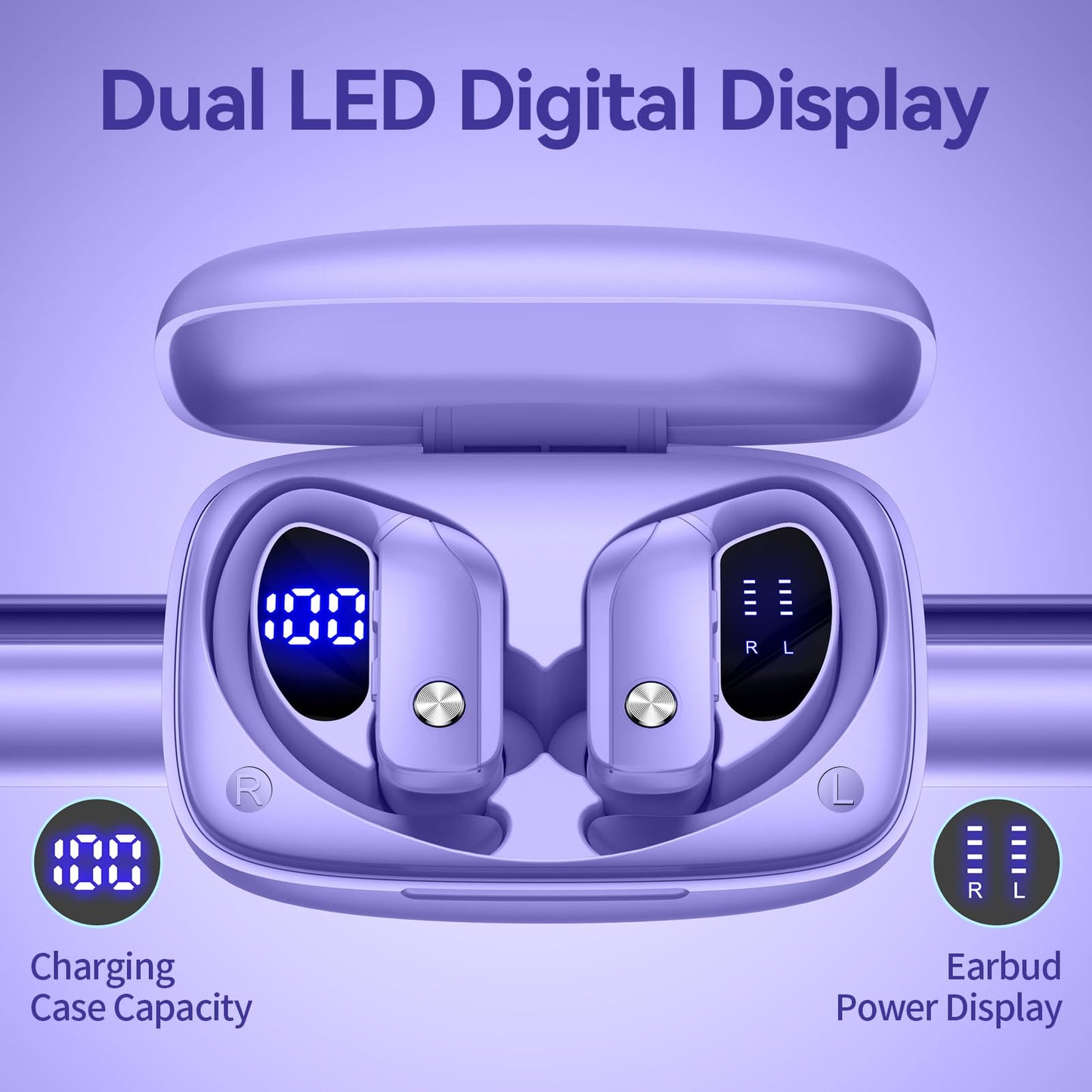 Auriculares inalámbricos bmani con Bluetooth, deportivos, con pantalla LED, ganchos para la oreja, micrófono incorporado y 48 horas de reproducción, color morado