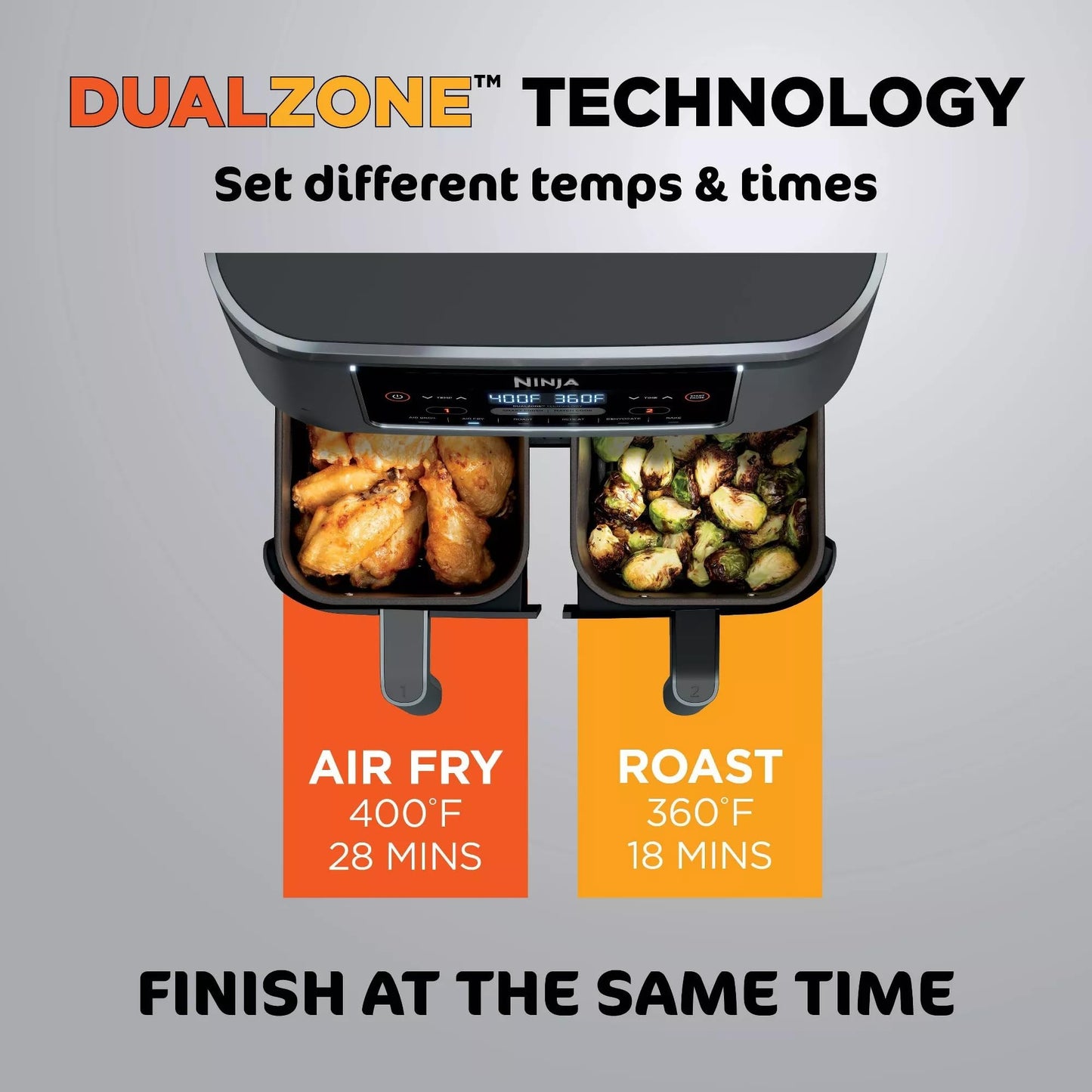 Freidora de aire Ninja DZ201 Foodi 6 en 1 de 2 cestas con tecnología DualZone, capacidad de 8 cuartos y acabado en acero inoxidable gris oscuro (renovada)