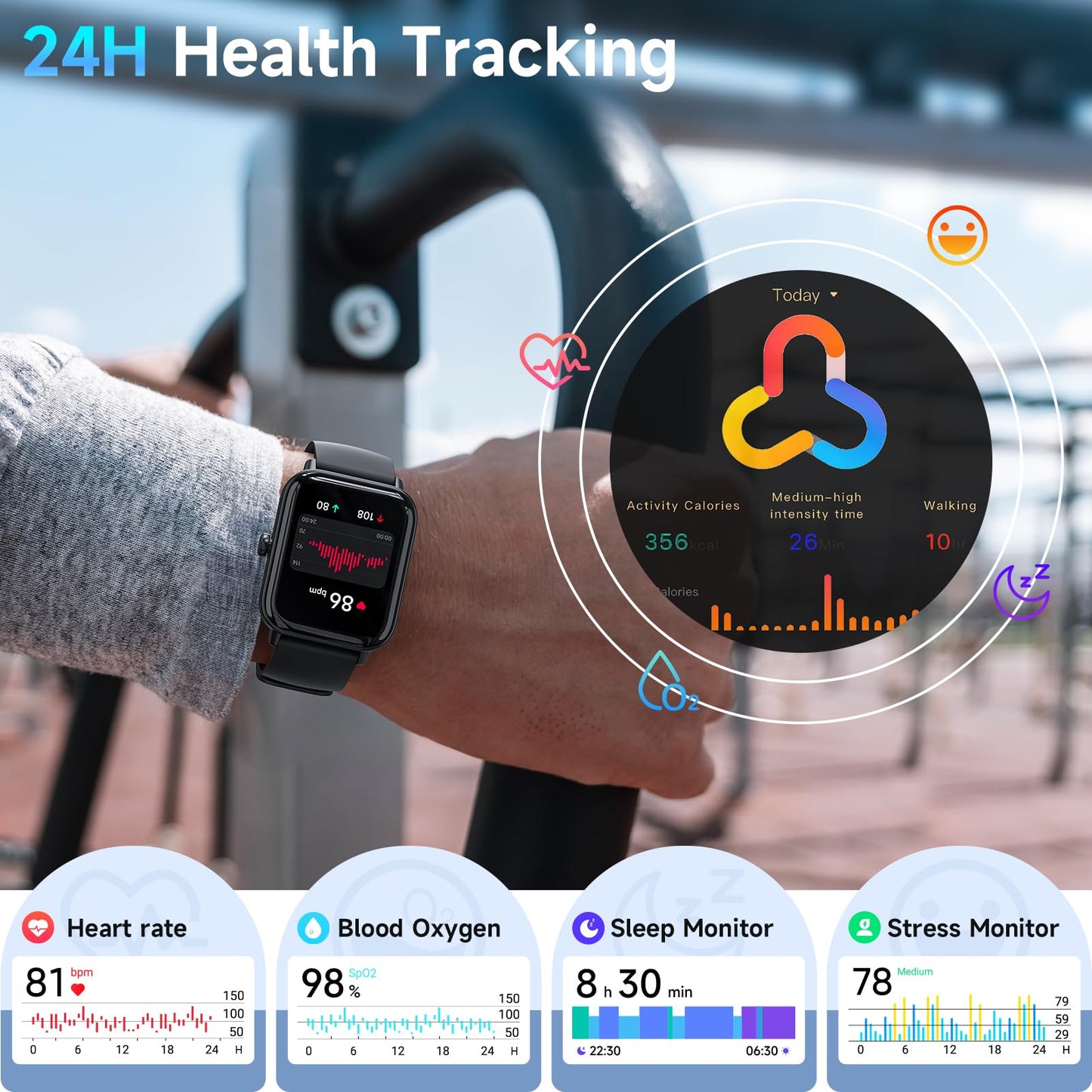 Hingso Smart Watches for Men Women Android & iPhone, Alexa Built-in, 1.8" Fitness Tracker with Answer/Make Calls, IP68 Waterproof Fitness Watch,Heart Rate, Sleep, SpO2 Monitor,Pedometer, Black