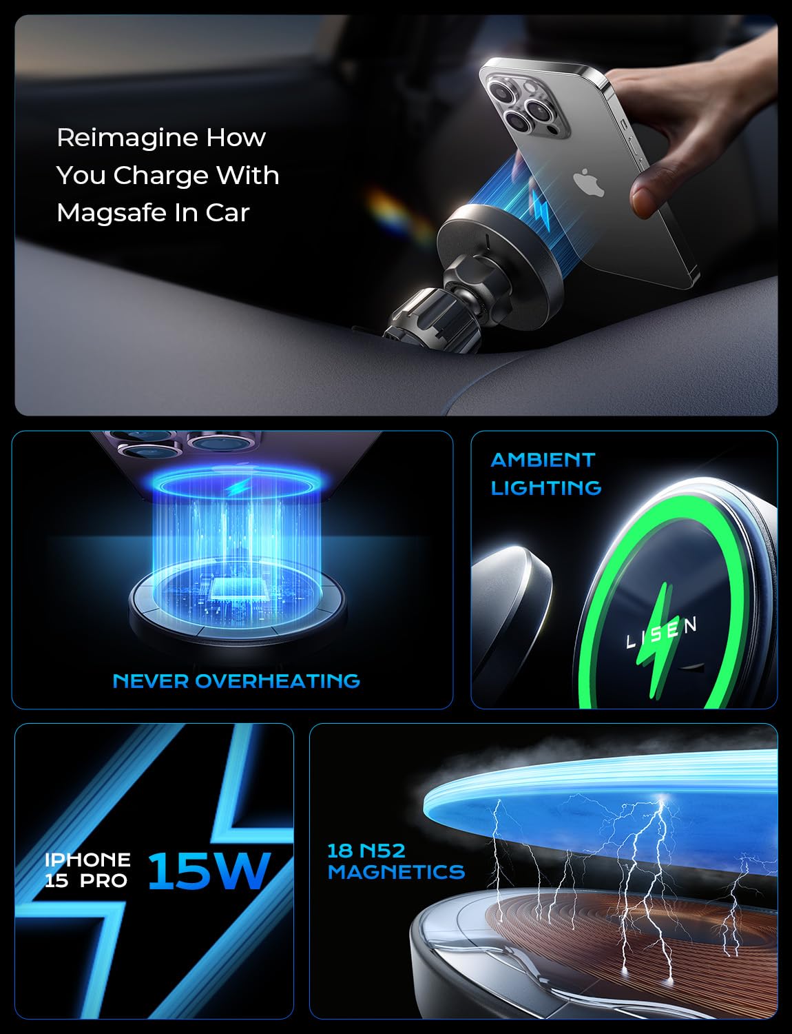 LISEN for 15W MagSafe Car Mount Charger,iPhone Magnetic Wireless Car Charger for iPhone 16 Pro Max Accessories,Car Phone Holder For iPhone 16e 15 14 13 12,Samsung with MagSafe Case,Gifts for Men Women