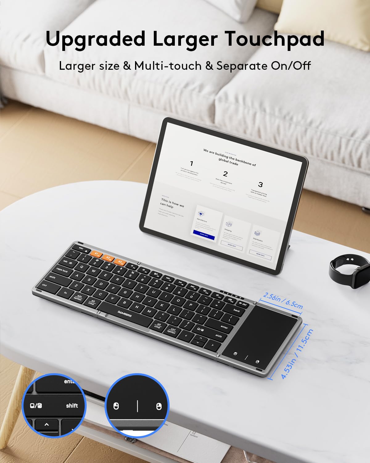Teclado Bluetooth plegable Samsers con panel táctil, teclado inalámbrico plegable de tamaño completo con cuero sintético, teclado de viaje portátil para iOS, Android, Windows y Mac OS, compatible con 3 dispositivos (BT5.1 x 3)