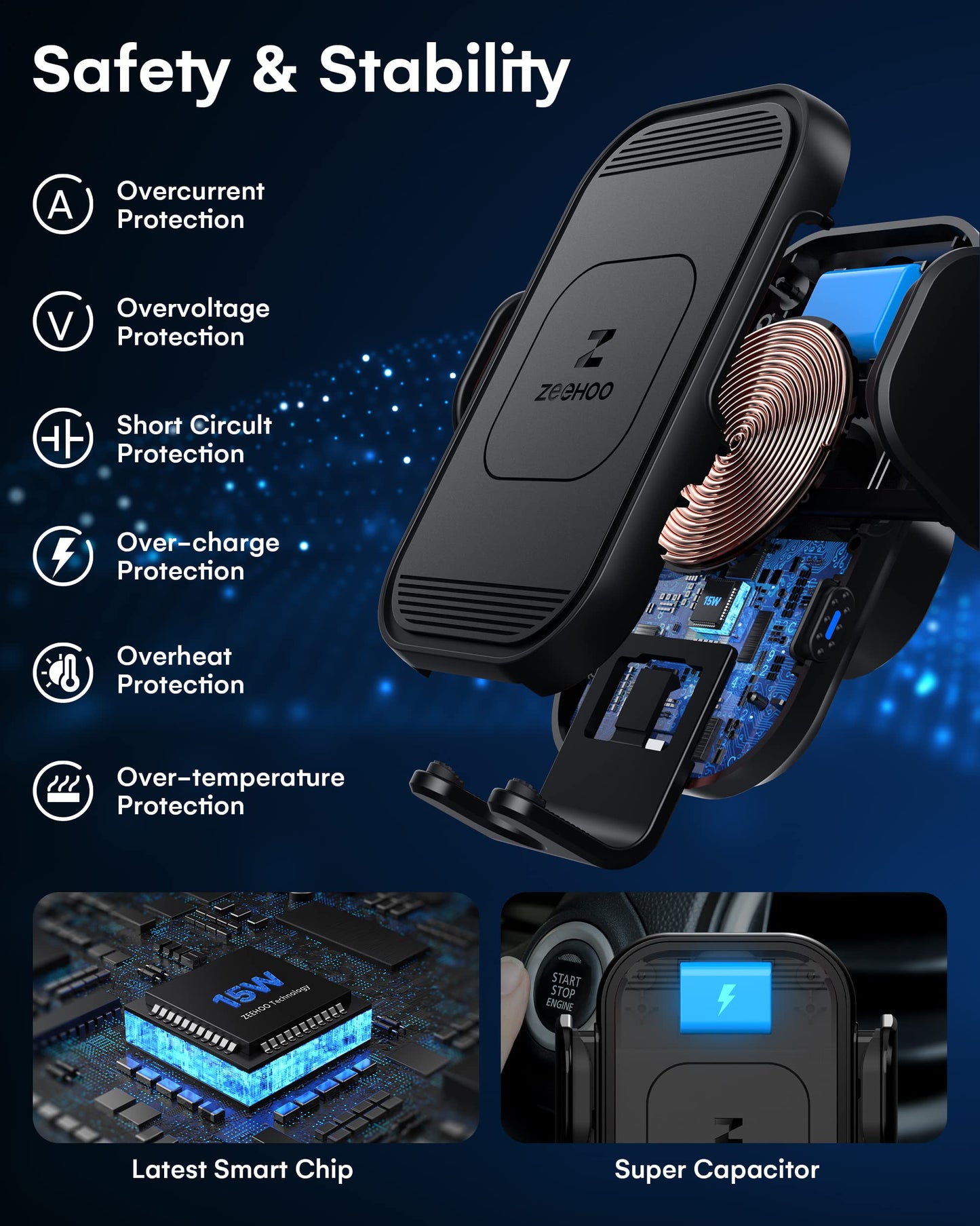 Cargador inalámbrico para coche ZeeHoo, carga rápida de 15 W, soporte para teléfono con sujeción automática, compatible con iPhone 15, 14, 13, 12, 11 Pro Max, Xs, etc. (negro)