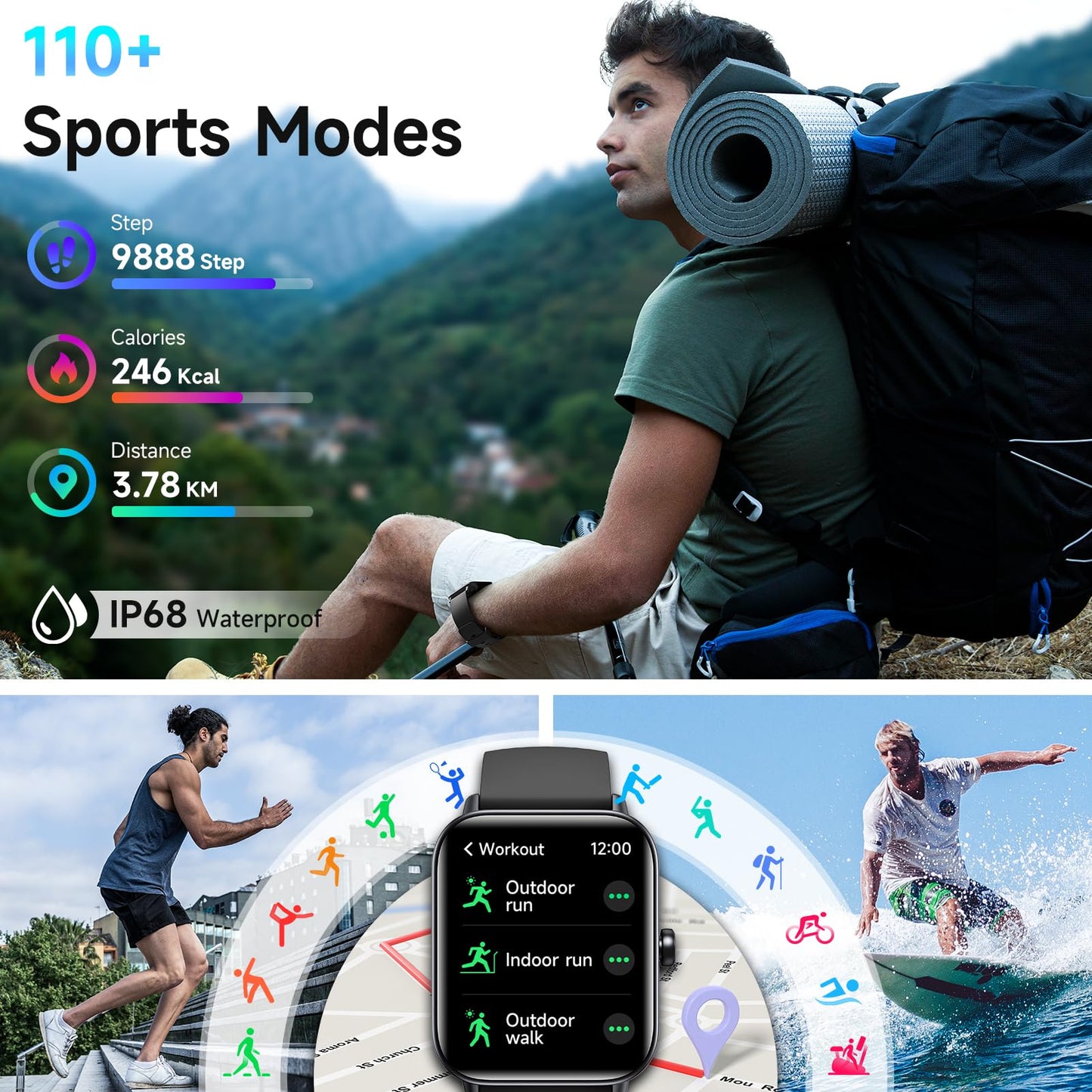 Hingso Smart Watches for Men Women Android & iPhone, Alexa Built-in, 1.8" Fitness Tracker with Answer/Make Calls, IP68 Waterproof Fitness Watch,Heart Rate, Sleep, SpO2 Monitor,Pedometer, Black