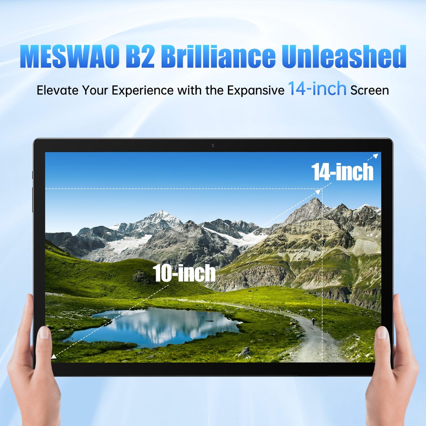 Tableta MESWAO Android 14 de 14 pulgadas, tableta grande 2025 mejorada con pantalla IPS WUXGA de 1200P, procesador de 8 núcleos, CPU G99, 6 GB + 128 GB, tarjeta TF de 1 TB como máximo, Wi-Fi 5, 5 MP + 32 MP, batería de 12000 mAh que dura todo el día.