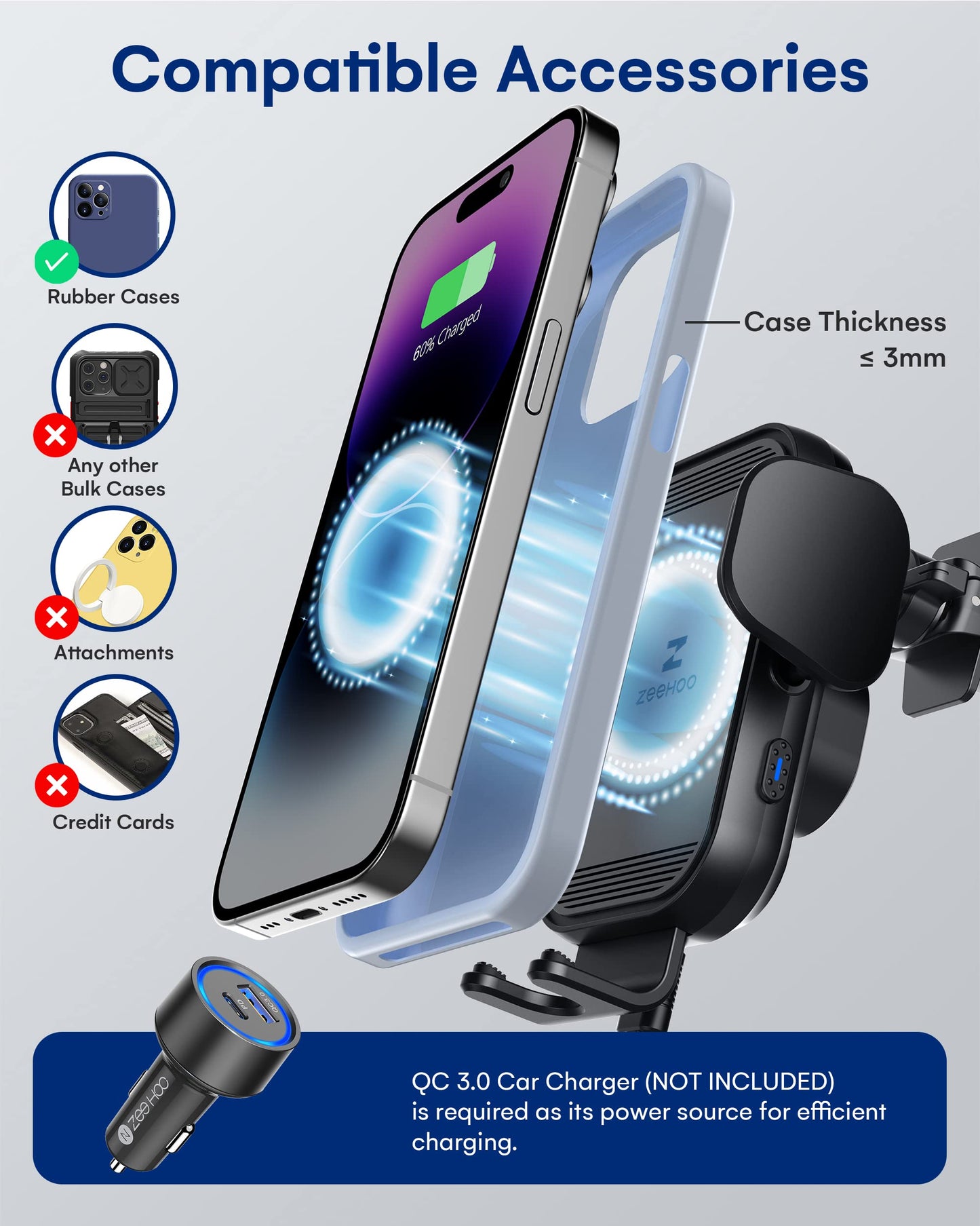 Cargador inalámbrico para coche ZeeHoo, carga rápida de 15 W, soporte para teléfono con sujeción automática, compatible con iPhone 15, 14, 13, 12, 11 Pro Max, Xs, etc. (negro)