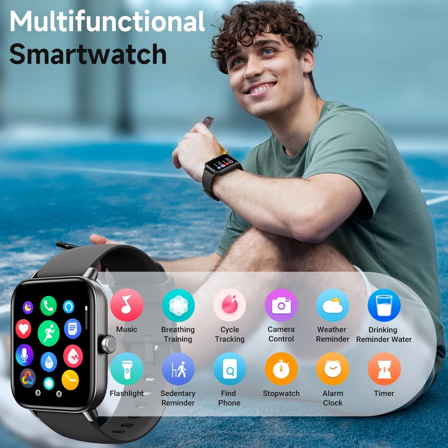 Hingso Smart Watches for Men Women Android & iPhone, Alexa Built-in, 1.8" Fitness Tracker with Answer/Make Calls, IP68 Waterproof Fitness Watch,Heart Rate, Sleep, SpO2 Monitor,Pedometer, Black
