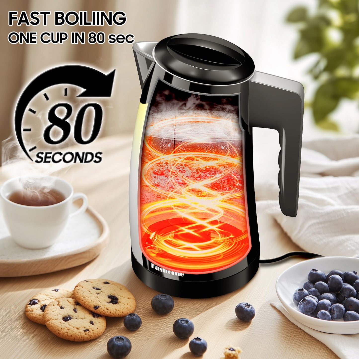 Fashome Electric Kettle, 5 Temperature Presets, 304 Stainless Steel Interior, Keep Warm, Auto Shut-Off, 1200W, Cool-Touch, 360° Rotating Base, Digital Display, Cute Penguin Design, Black, 1.25L