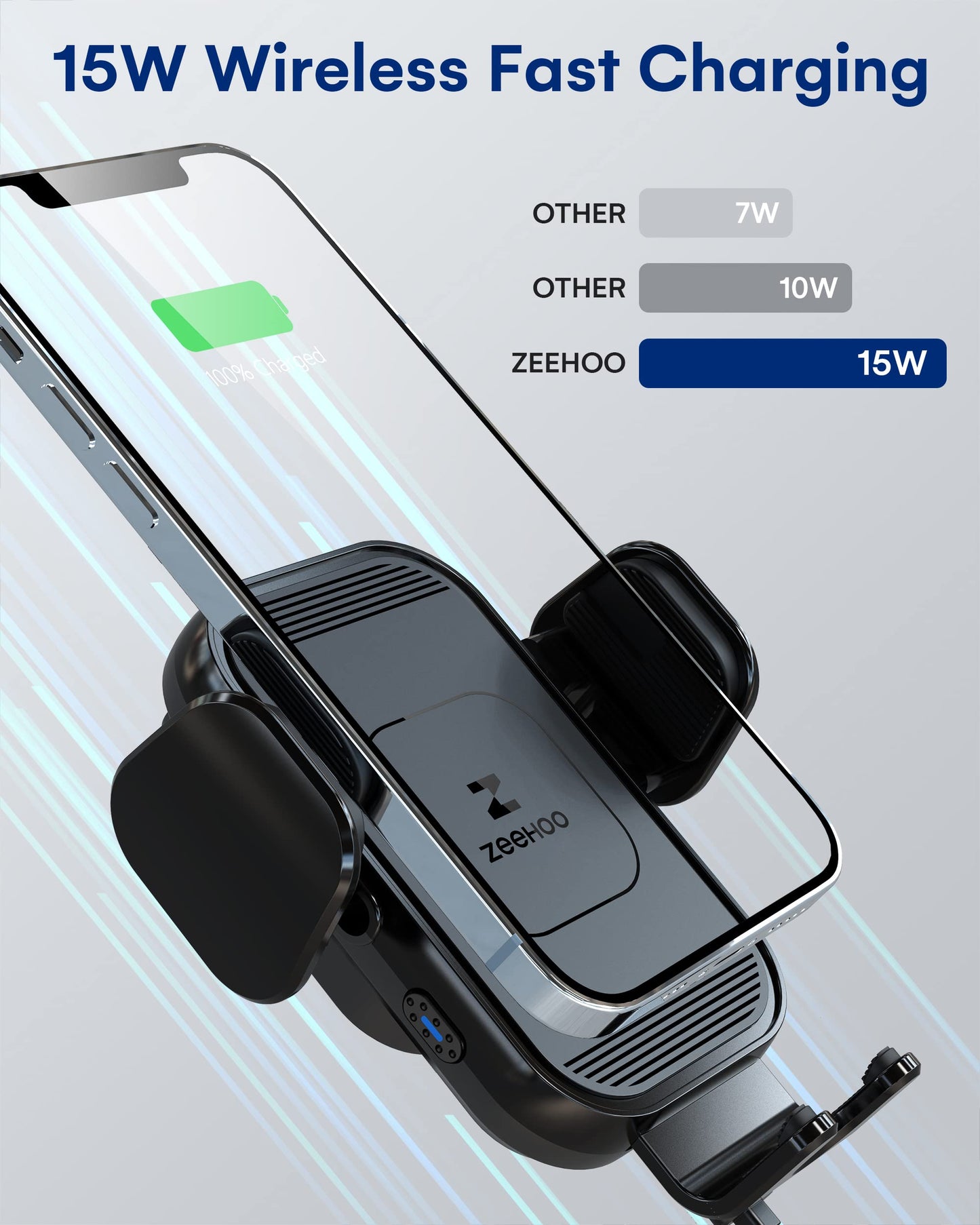 Cargador inalámbrico para coche ZeeHoo, carga rápida de 15 W, soporte para teléfono con sujeción automática, compatible con iPhone 15, 14, 13, 12, 11 Pro Max, Xs, etc. (negro)