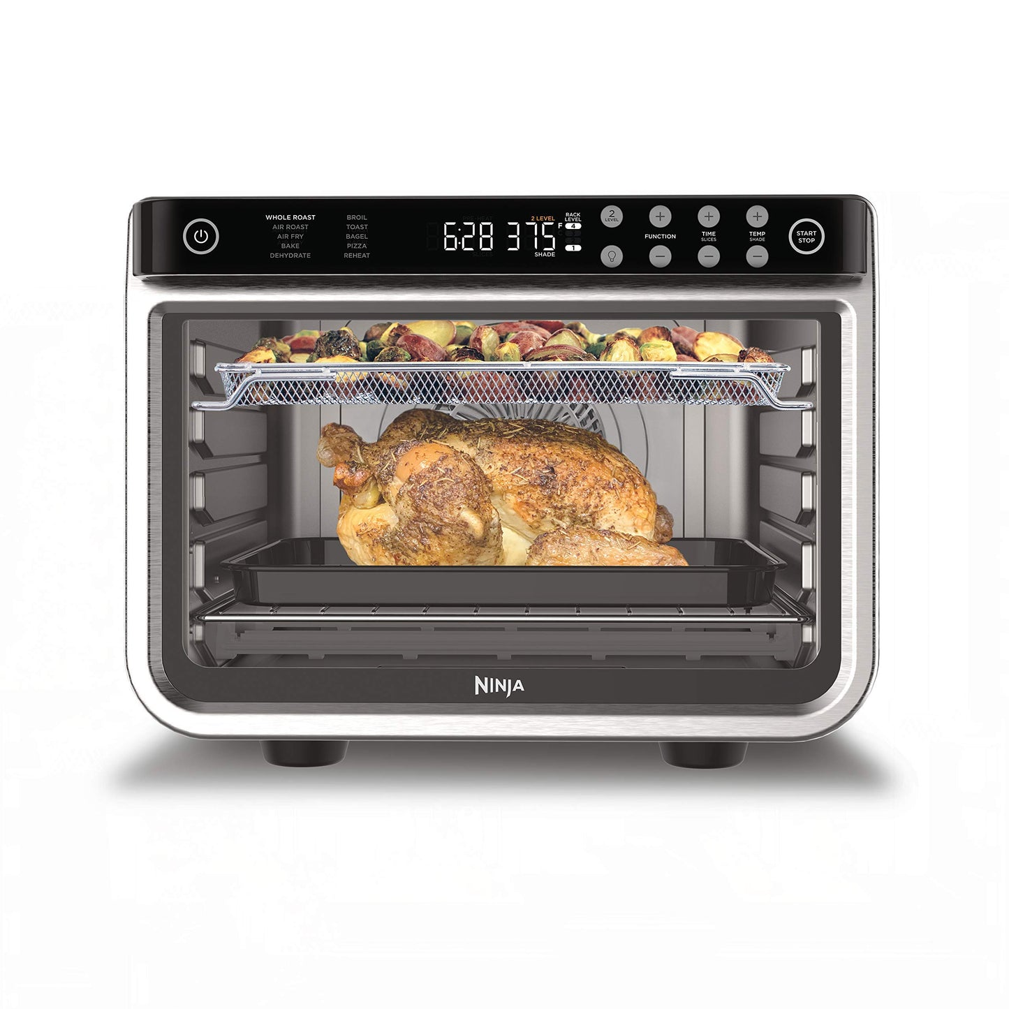 Freidora de aire y horno tostador Ninja, serie Foodi, horno de aire XL Pro de convección para encimera de cocina, funciones 10 en 1, capacidad para pollo de 2,2 kg y bandeja para verduras, 1800 vatios, acero inoxidable, DT201