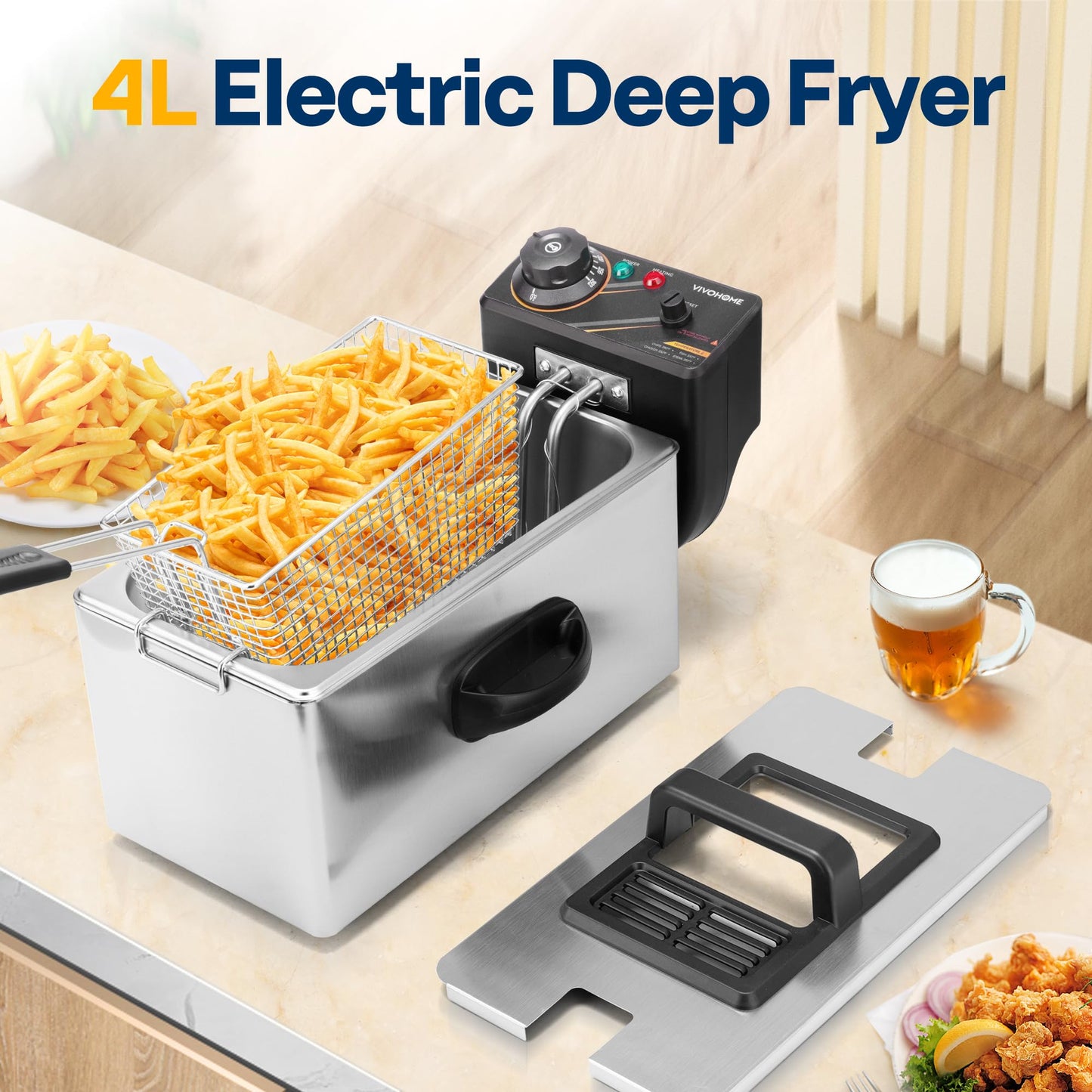 VIVOHOME Electric Deep Fryer with 4L / 17 Cup Oil Capacity, Stainless Steel Oil Fryer with Temperature Control and Lid
