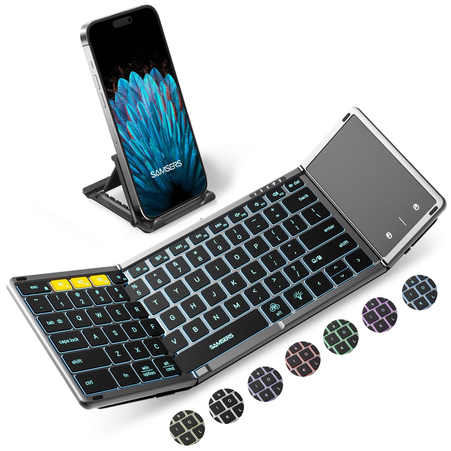Samsers Foldable Bluetooth Keyboard with Touchpad, Full-Size Wireless Folding Keyboard with Backlight, Portable Travel Keyboard for iOS Android Windows Mac OS, Support 3 Device(BT5.1 x 3), Gray