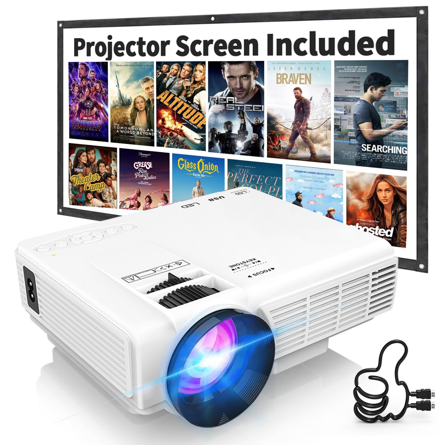 Proyector PANSEBA con Bluetooth bidireccional, miniproyector con pantalla, proyector de video portátil Full HD 1080P, compatible con HDMI, USB y teléfono inteligente.