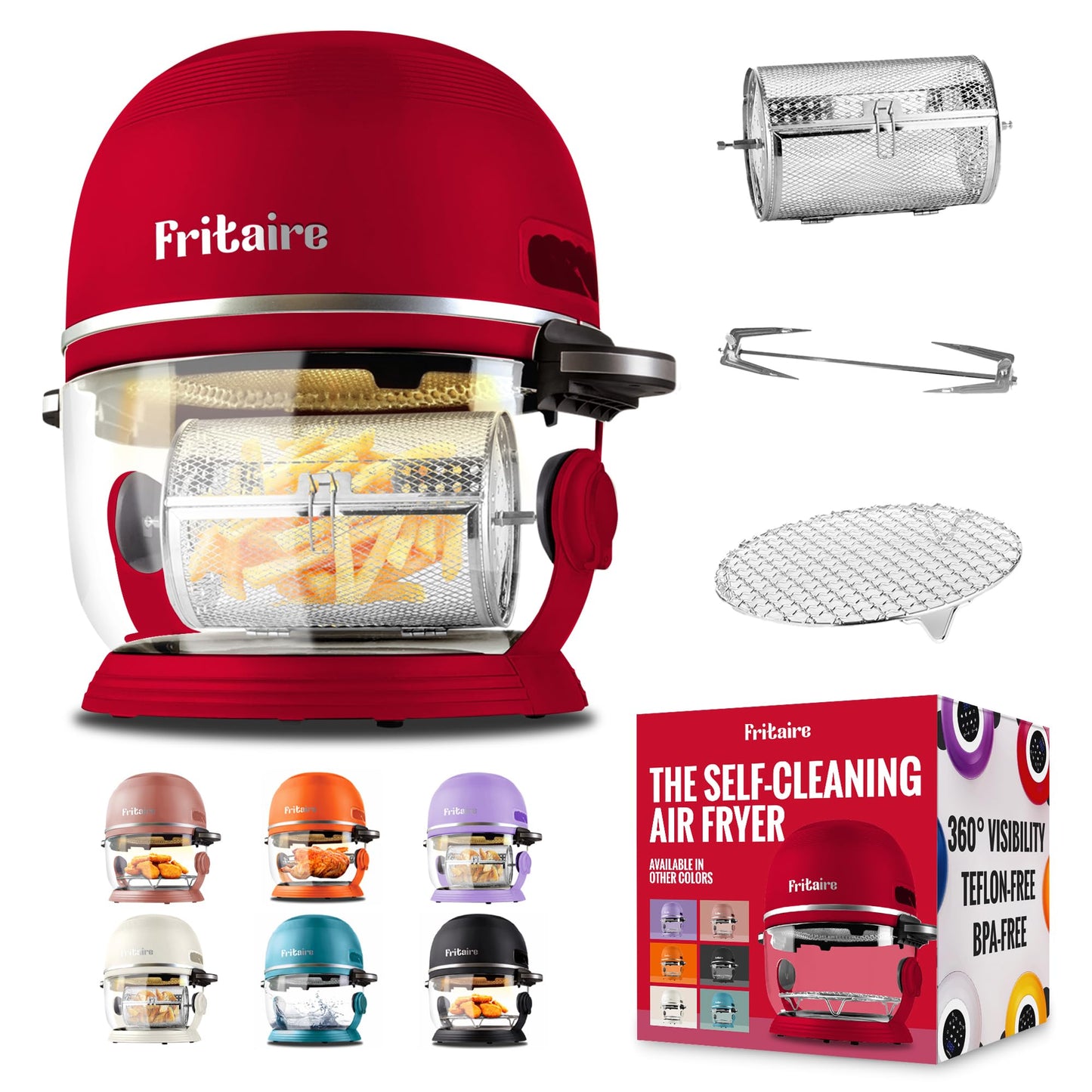 Non-Toxic Air Fryer - Glass AirFryer 5 Quart w/ 360 Visibility, Self-Cleaning, 400F Vortex Air Fryer for Even Cooking, BPA-Free Teflon Free, 6-in-1 Functions, Rotisserie, Roast, Bake, Cherry