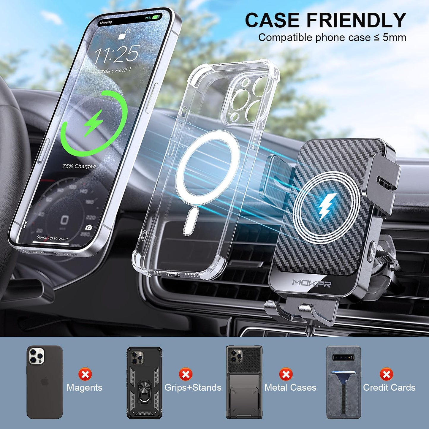 Cargador inalámbrico para coche MOKPR de 15 W, carga rápida, sujeción automática, soporte para teléfono en la rejilla de ventilación, compatible con iPhone 16/15/14/13/13 Pro/12 Pro/12/11, Samsung Galaxy S23/S22/S21/S20, etc.