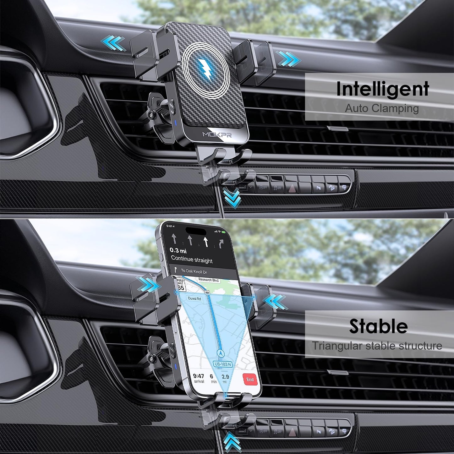 Cargador inalámbrico para coche MOKPR de 15 W, carga rápida, sujeción automática, soporte para teléfono en la rejilla de ventilación, compatible con iPhone 16/15/14/13/13 Pro/12 Pro/12/11, Samsung Galaxy S23/S22/S21/S20, etc.