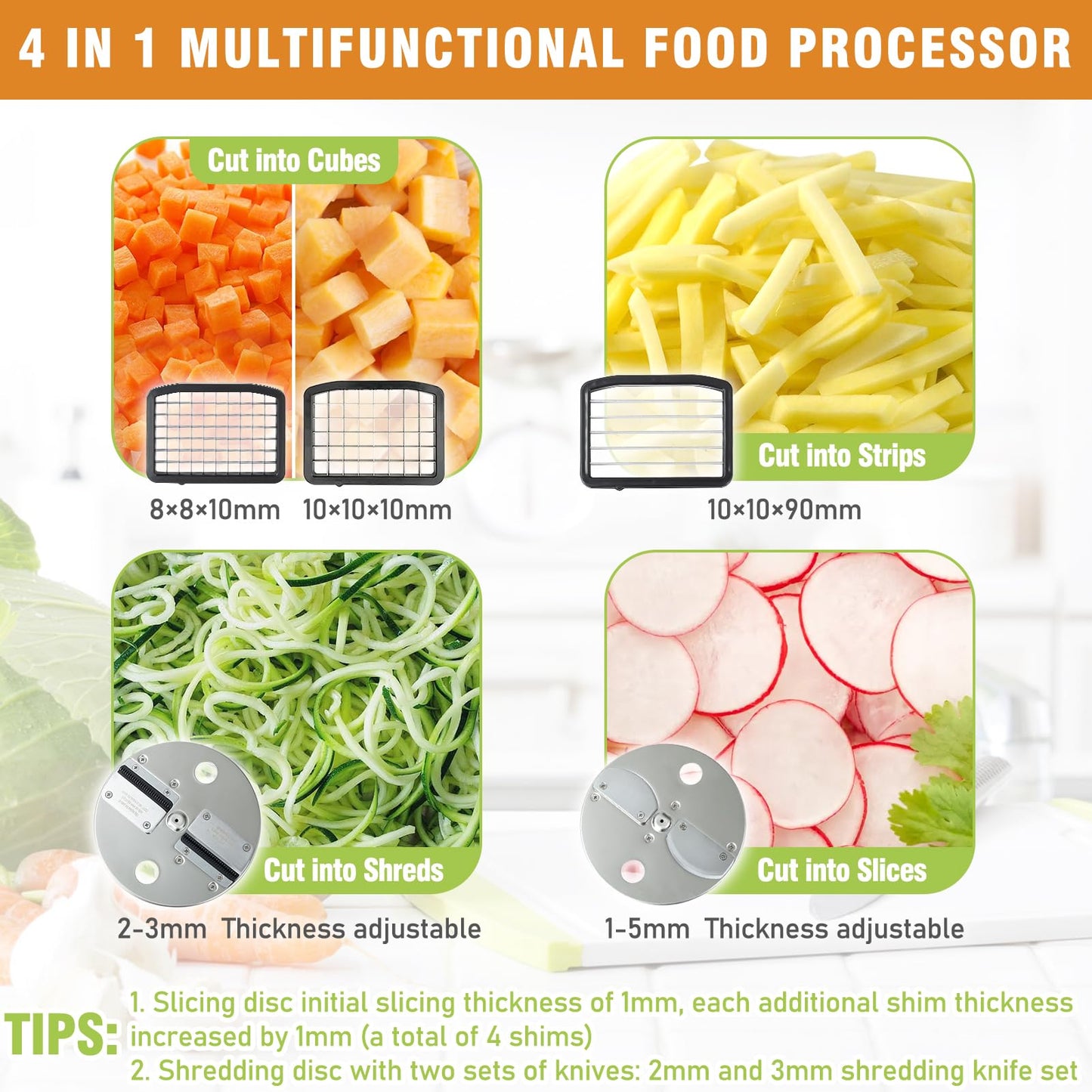 4 in 1 Electric Vegetable Chopper Adjustable Thickness Mandoline Slicer&Dicer Suitable for Shredding Onions can be French Fry Cutter Veggie Processor with Multi Stainless Steels Blades 110V