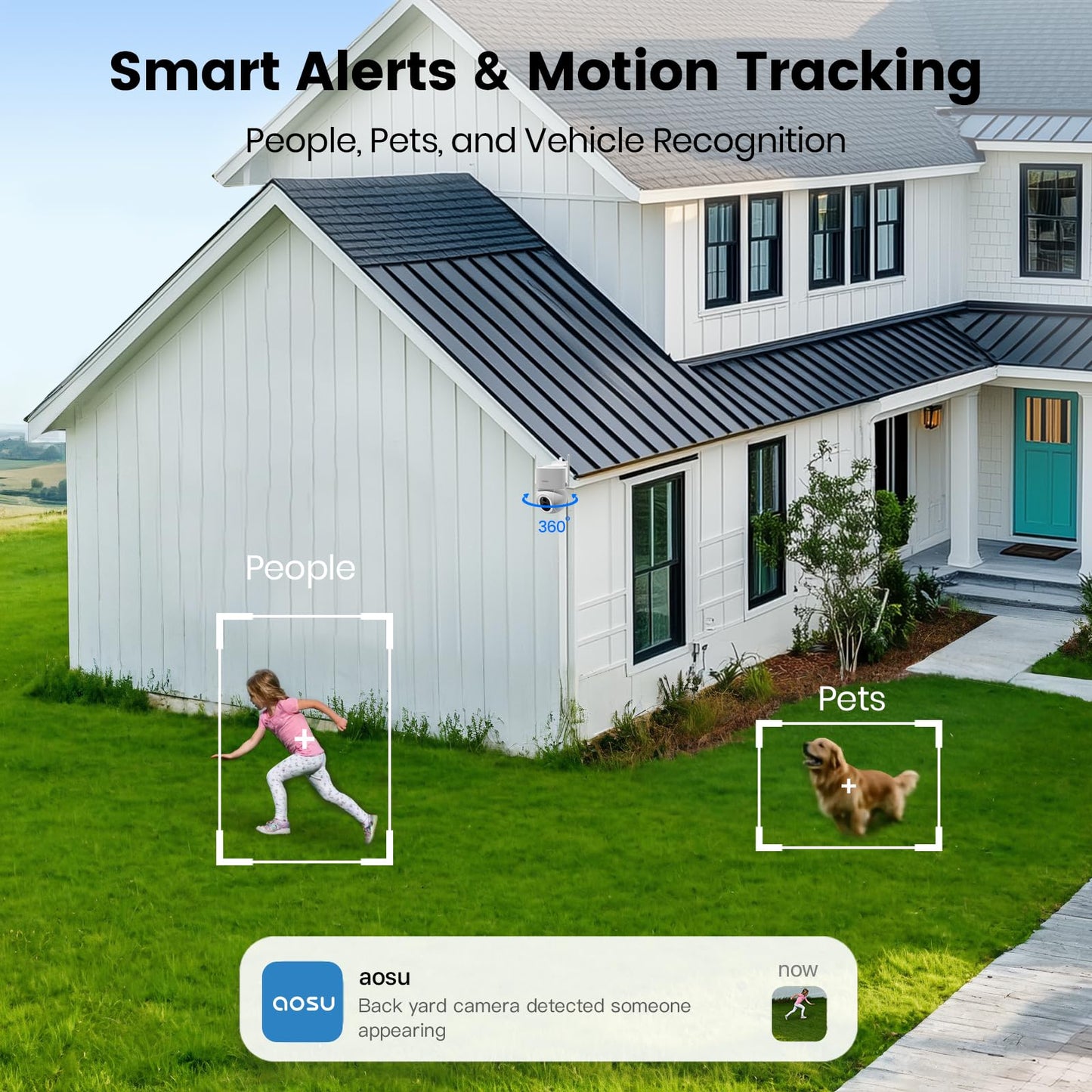 Cámaras de seguridad inalámbricas AOSU para exteriores: cámara de 3K/5 MP con energía solar, foco de 400 lúmenes, visión panorámica de 360°, visión nocturna, wifi 2.4G, seguimiento automático y detección de personas, vehículos y mascotas con IA.
