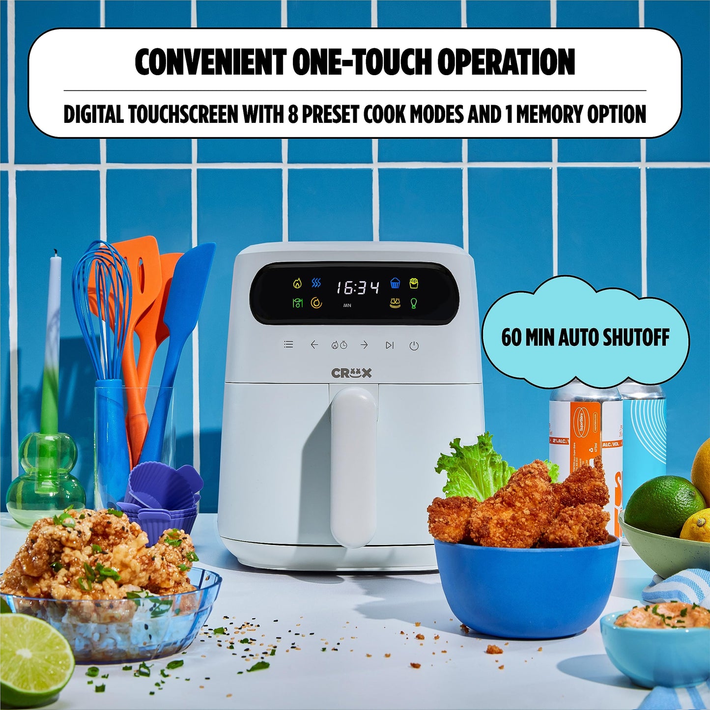 CRUX x Marshmello 3.0 QT Digital Air Fryer with TurboCrisp Technology, Touch Screen Temperature Control, Timer and Auto Shut-off, Fully Programmable, Silicone Cupcake Molds Included, White
