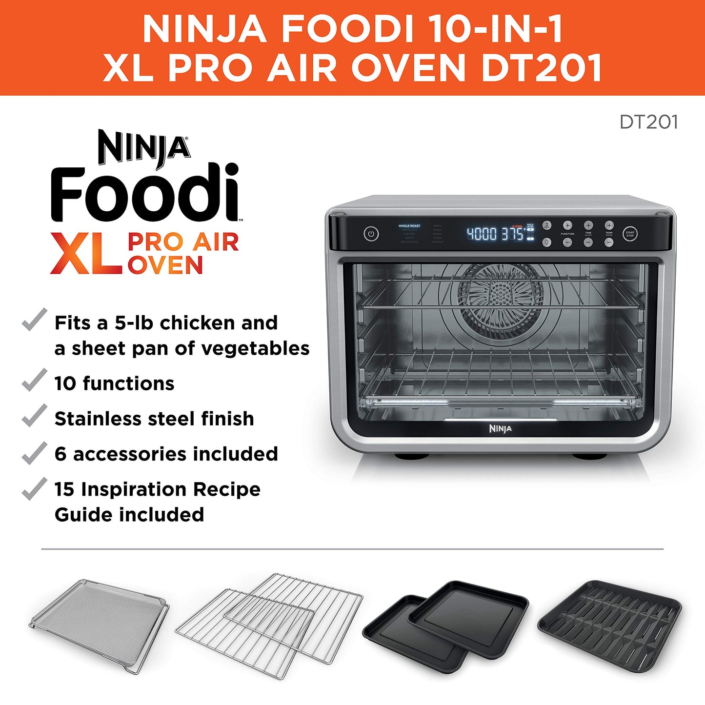 Freidora de aire y horno tostador Ninja, serie Foodi, horno de aire XL Pro de convección para encimera de cocina, funciones 10 en 1, capacidad para pollo de 2,2 kg y bandeja para verduras, 1800 vatios, acero inoxidable, DT201