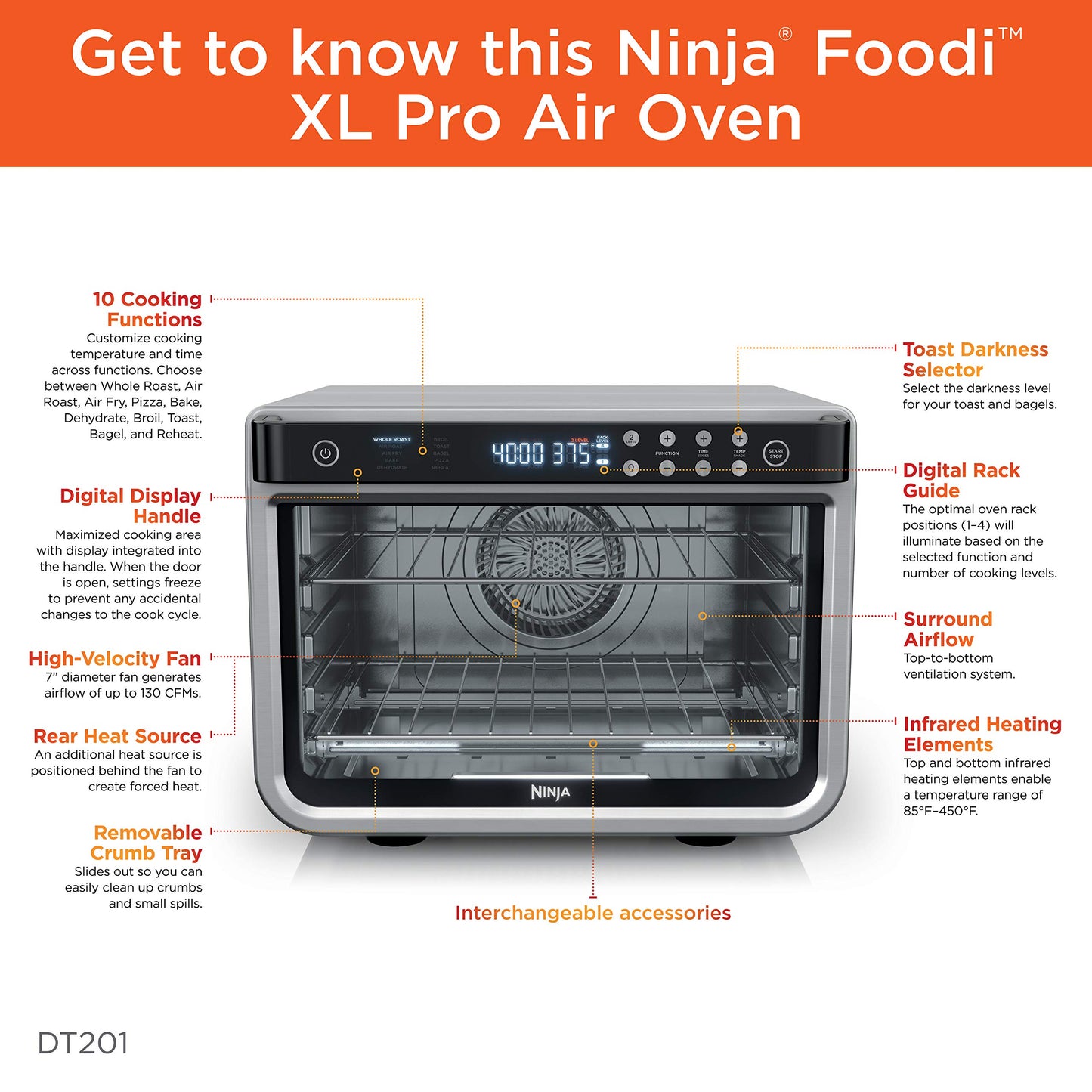 Freidora de aire y horno tostador Ninja, serie Foodi, horno de aire XL Pro de convección para encimera de cocina, funciones 10 en 1, capacidad para pollo de 2,2 kg y bandeja para verduras, 1800 vatios, acero inoxidable, DT201
