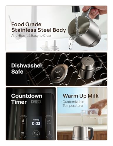 Dreo All-in-1 BaristaMaker Milk Frother, Electric Foam Frother for Latte Art Microfoam and Coffee, 15oz/450ml Automatic Milk Warmer with 30 Drinks, Dishwasher Safe, Dairy/Plant-Based Milk