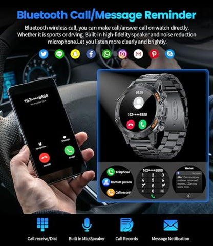 FOXBOX Smart Watch for Men Answer/Make Call for Android iOS, 400mAh Military Smartwatch Heart Rate Blood Oxygen Sleep Monitor Step Counter, 2 Straps,1.39" HD Waterproof Outdoor Smart Watches Black