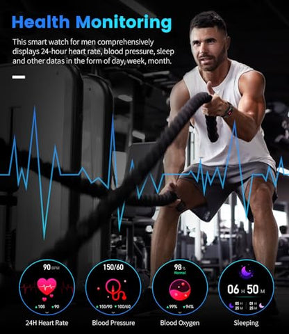 FOXBOX Smart Watch for Men Answer/Make Call for Android iOS, 400mAh Military Smartwatch Heart Rate Blood Oxygen Sleep Monitor Step Counter, 2 Straps,1.39" HD Waterproof Outdoor Smart Watches Black