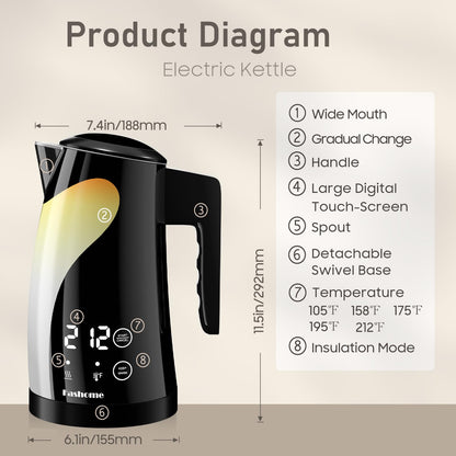 Fashome Electric Kettle, 5 Temperature Presets, 304 Stainless Steel Interior, Keep Warm, Auto Shut-Off, 1200W, Cool-Touch, 360° Rotating Base, Digital Display, Cute Penguin Design, Black, 1.25L