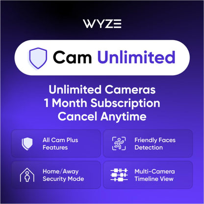 Wyze Security Plan - Cam Unlimited | Unlimited Cameras | 1 Month Subscription. Full AI features | Facial Recognition for Friendly Faces | Smart Detection for Person, Pet, Package, Vehicle and Glass Break | Security Surveillance and Monitoring | Rolling 14