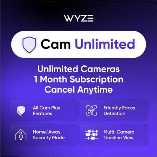 Wyze Security Plan - Cam Unlimited | Unlimited Cameras | 1 Month Subscription. Full AI features | Facial Recognition for Friendly Faces | Smart Detection for Person, Pet, Package, Vehicle and Glass Break | Security Surveillance and Monitoring | Rolling 14