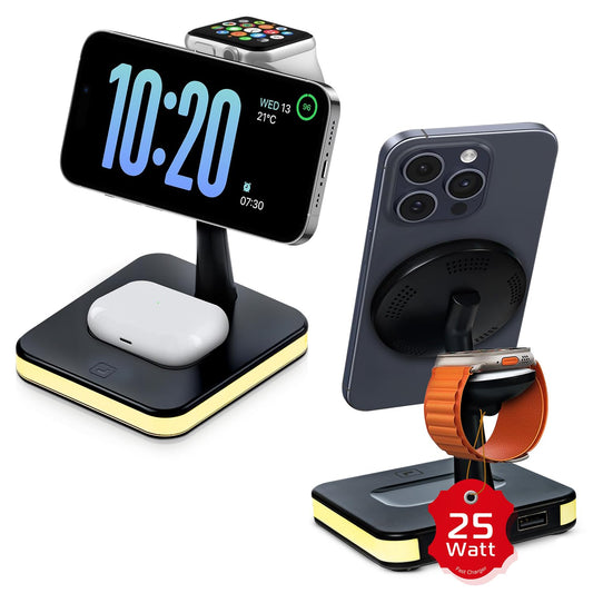 Spracht Flex Charge 4, base de carga inalámbrica 4 en 1 | Cargador rápido de 25 W, conexión magnética - Compatible con smartphones, relojes, auriculares y dispositivos compatibles con Qi | Luz nocturna, base de carga magnética (negro)