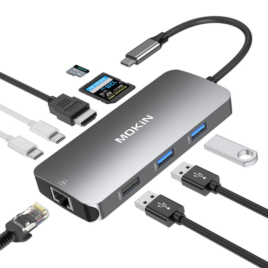 Adaptadores USB C para MacBook Pro/Air, adaptador Mac con 3 puertos USB, USB C a HDMI, USB C a Ethernet RJ45, adaptador MOKiN 9 en 1 USB C a HDMI, carga PD de 100 W, concentrador USB C con lector de tarjetas SD/TF.