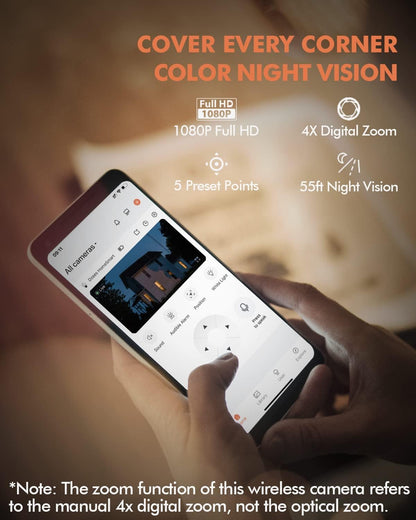 Dzees Solar Security Cameras Wireless Outdoor, 2K Battery Powered Security Camera, 360° PTZ Camera with Spotlight, Siren, Color Night Vision, AI Dectection, IP66 for Home Security, 2.4GHz 2-Pack